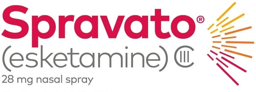 Label for Spravato (esketamine)  nasal spray with a colorful burst design on the right.