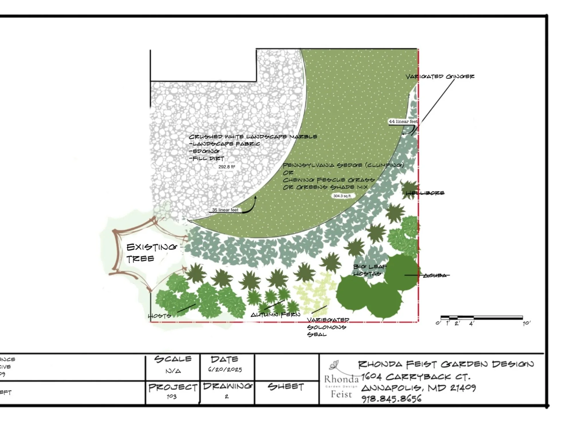 We needed to slow down the water so the lawn would have a chance.  This plan shows white #57 stone in a arch to brighten the space, smooth the exposed tree roots and slow down water from the downspout.