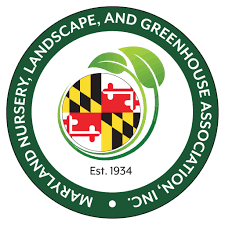 Logo of Maryland Nursery Landscape and Greenhouse Association with green circle border, Maryland state map, and apple symbol, established in 1934.
