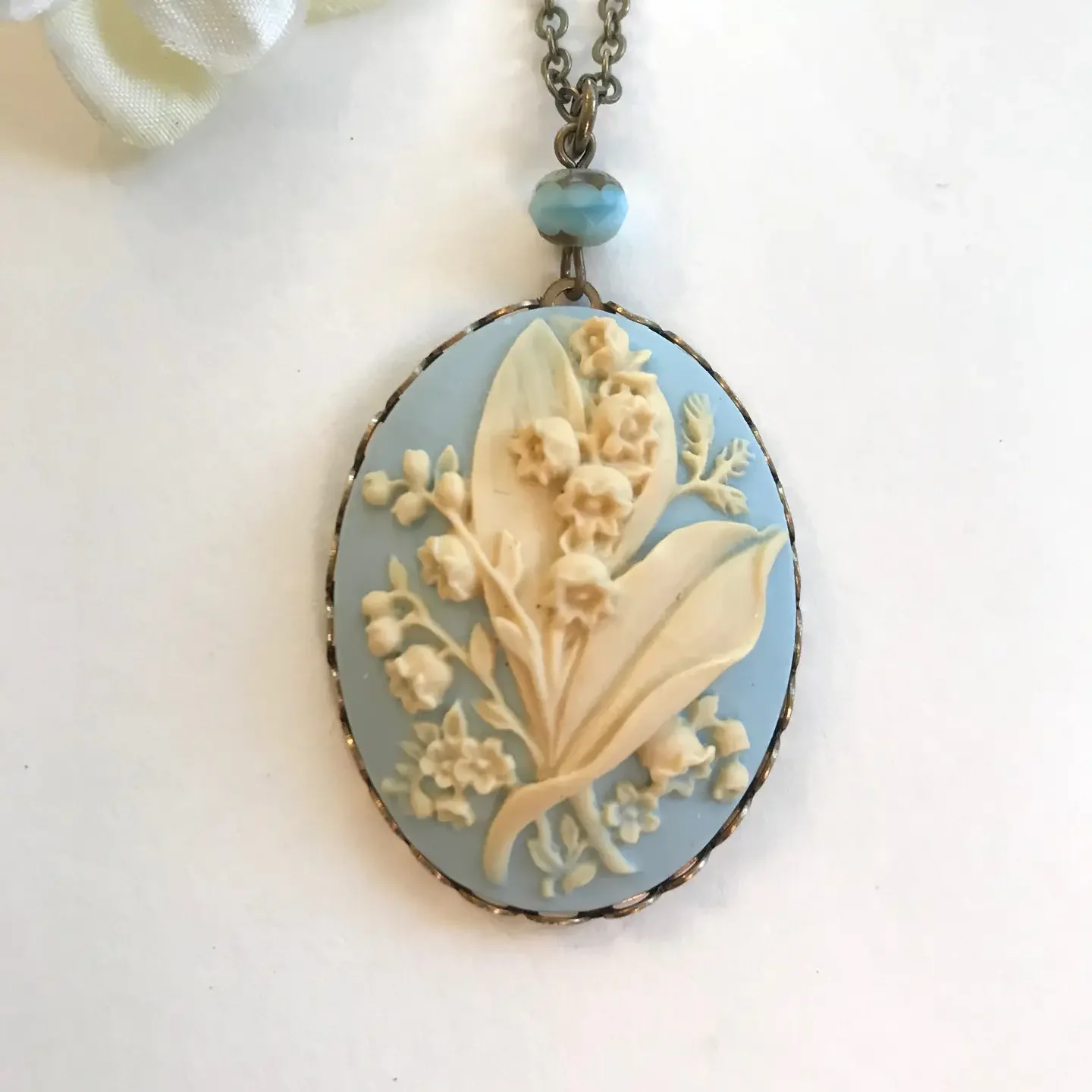 Light Blue Lily of the Valley Cameo Necklace