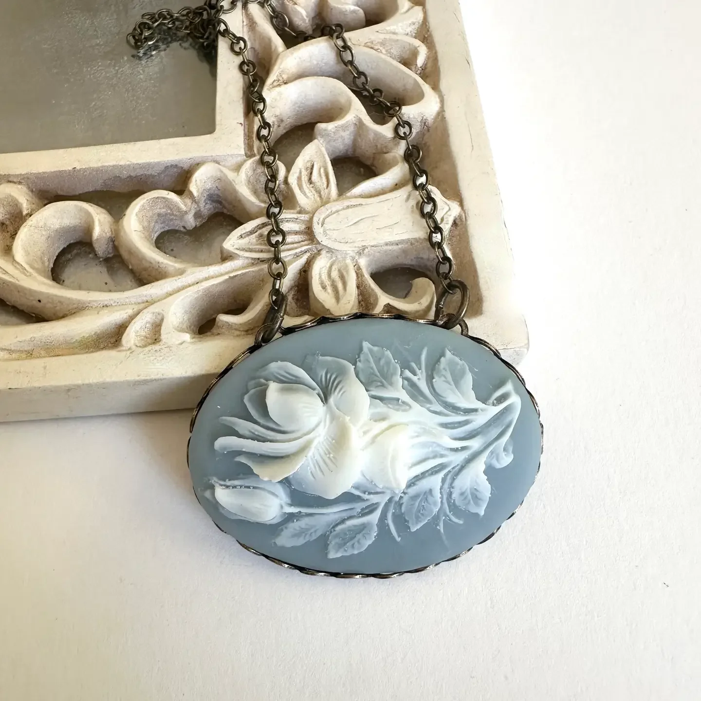 French Blue Rose Cameo Necklace