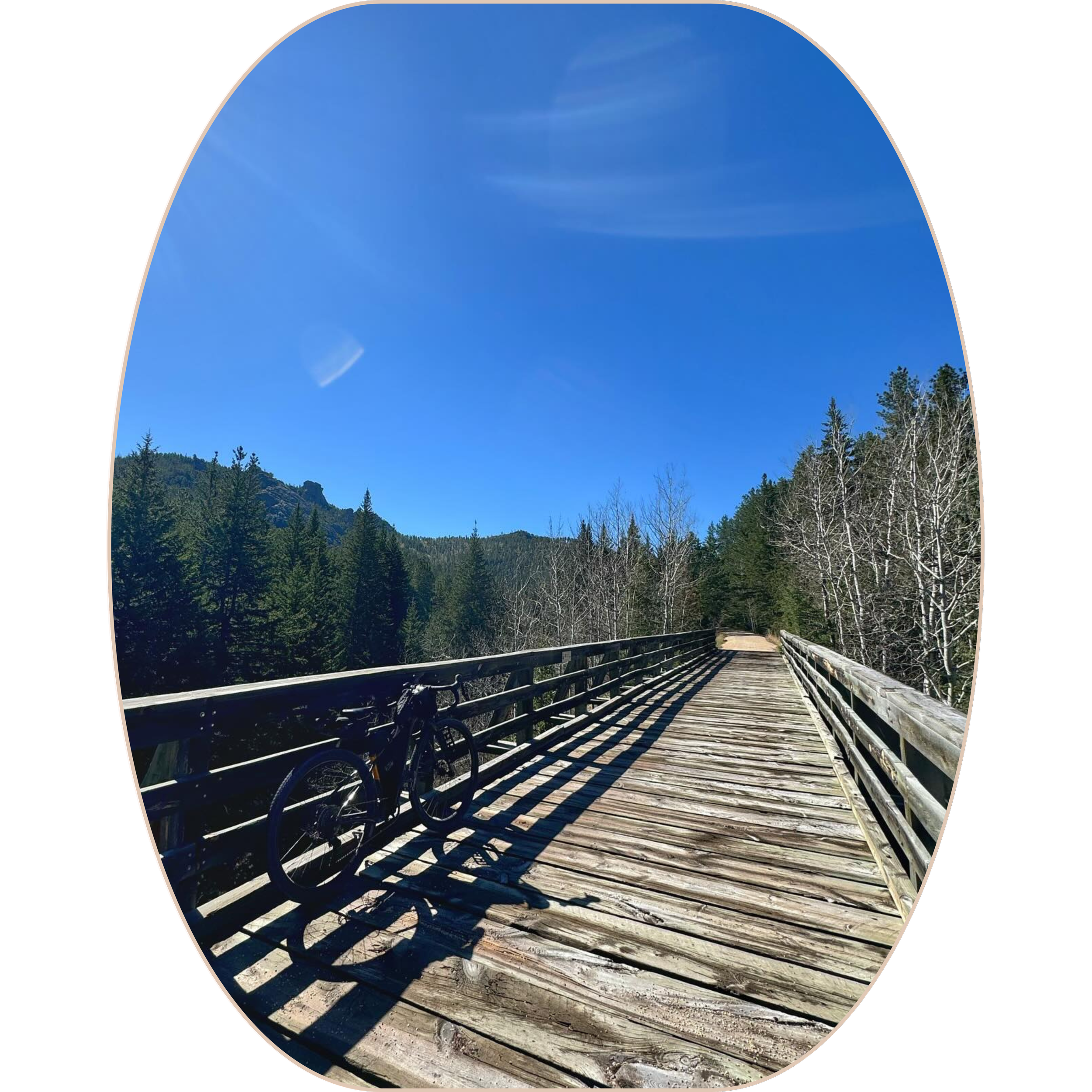 Wooden bridge over a forested landscape with mountains in the background under a clear blue sky, with a black bicycle leaning against the bridge railing.