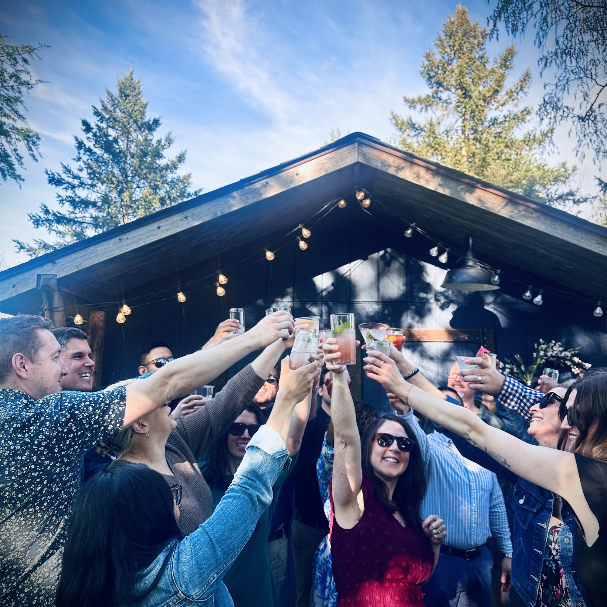 A group of people raising glasses in a toast outdoors under string lights, with trees and a blue sky in the background.