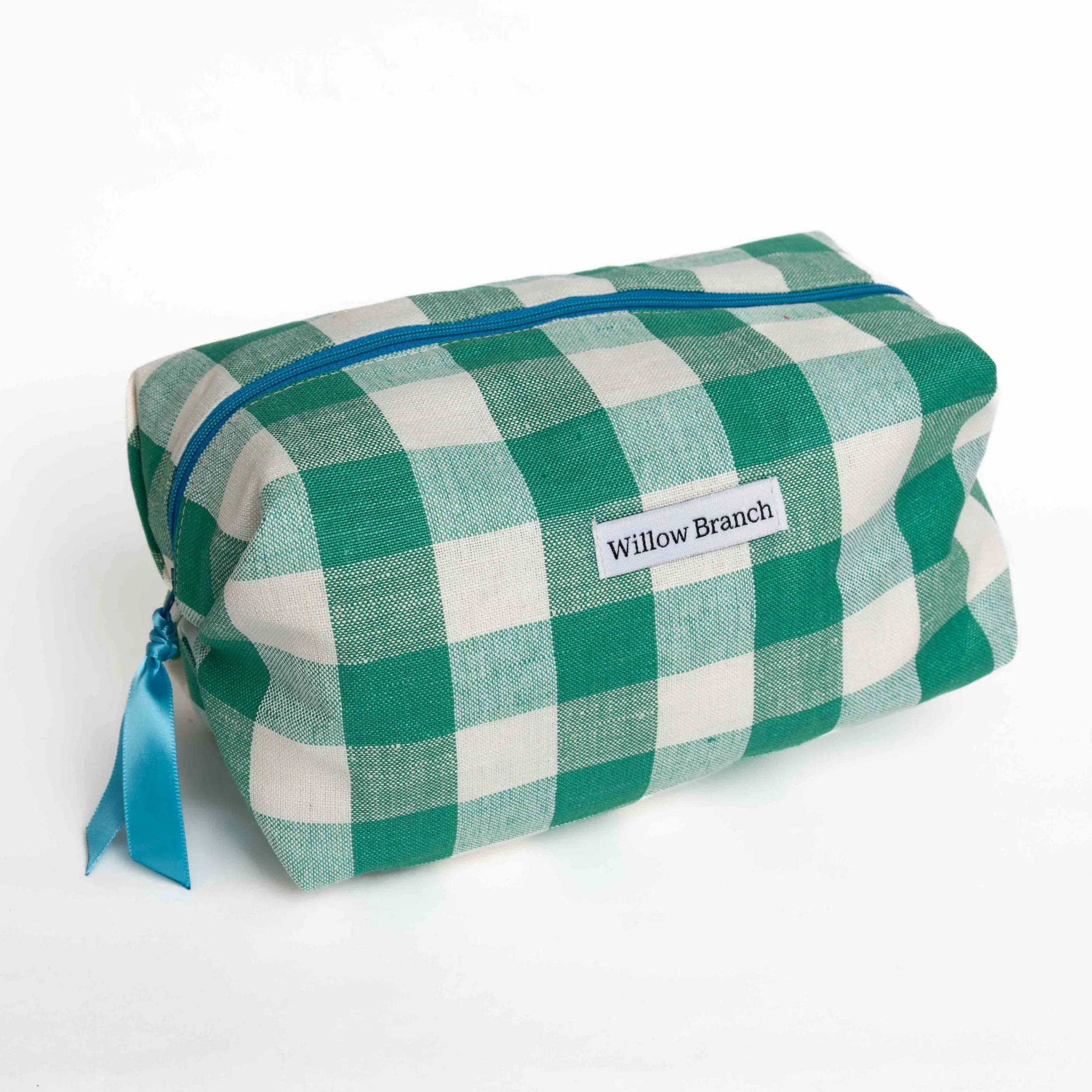 Emerald Green and White Gingham Boxy Makeup Bag with Teal Zipper