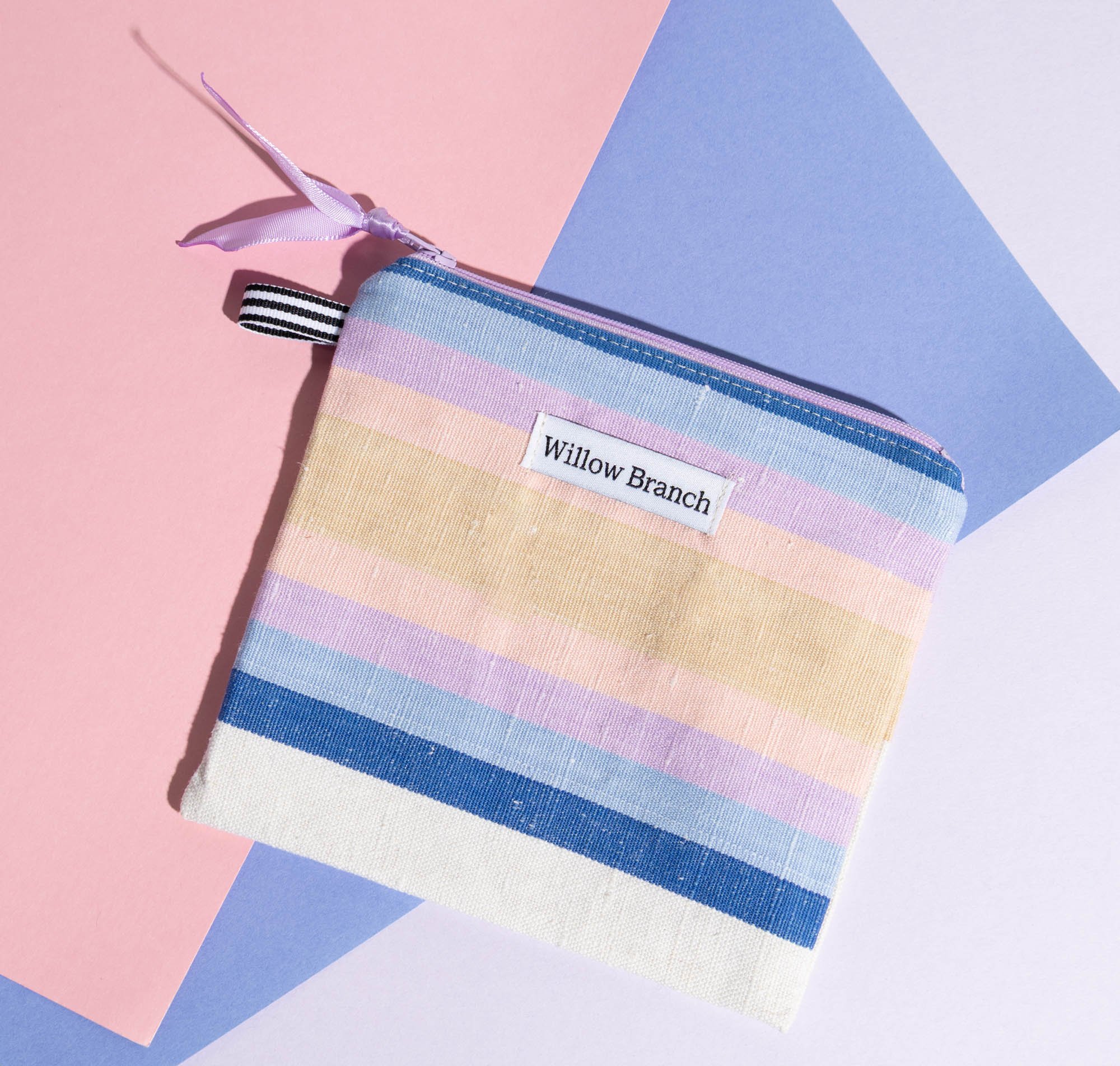 Linen Striped Flat Pouch Blues Purple Pink Purple Zipper