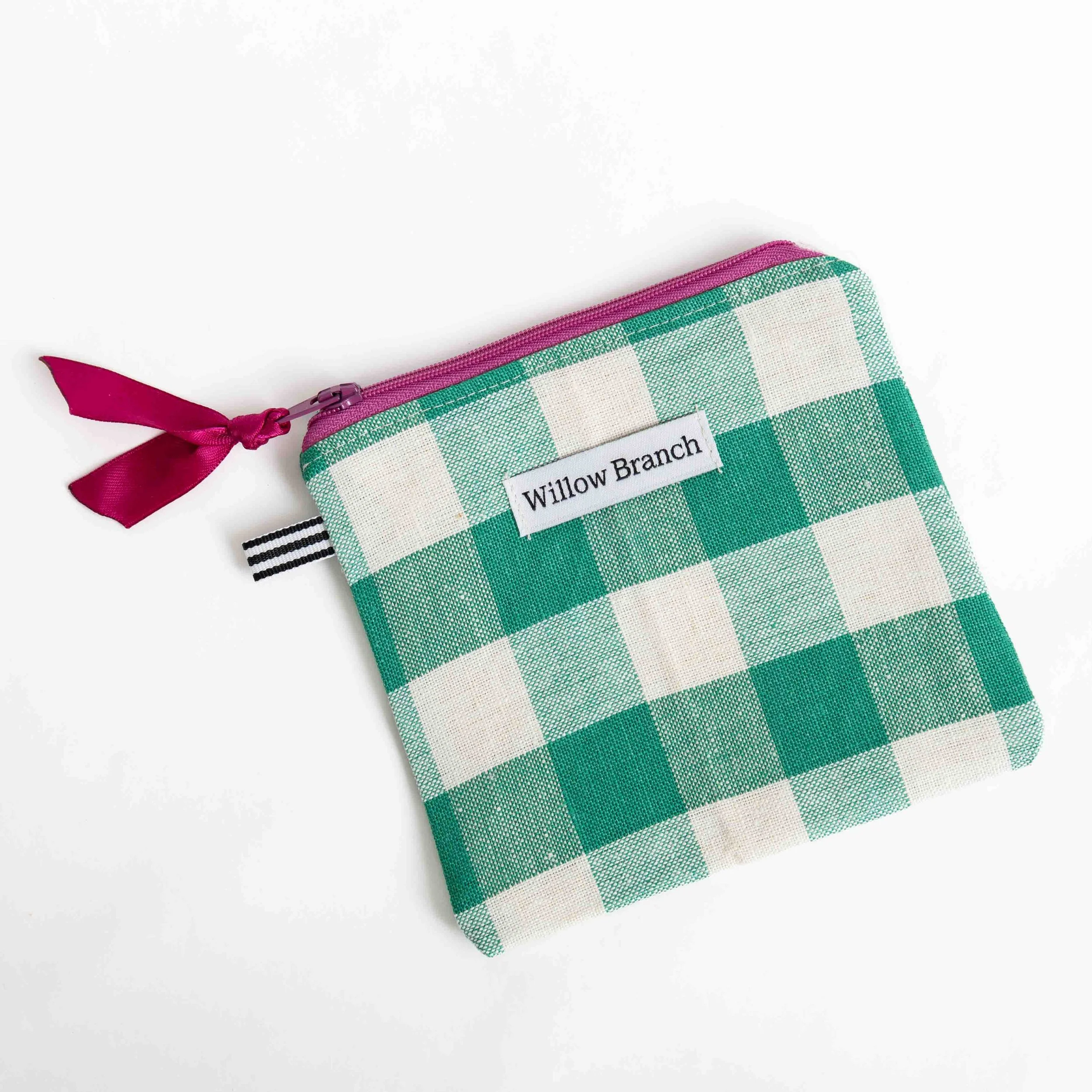 Green and White Gingham Flat Pouch with Fuchsia Zipper