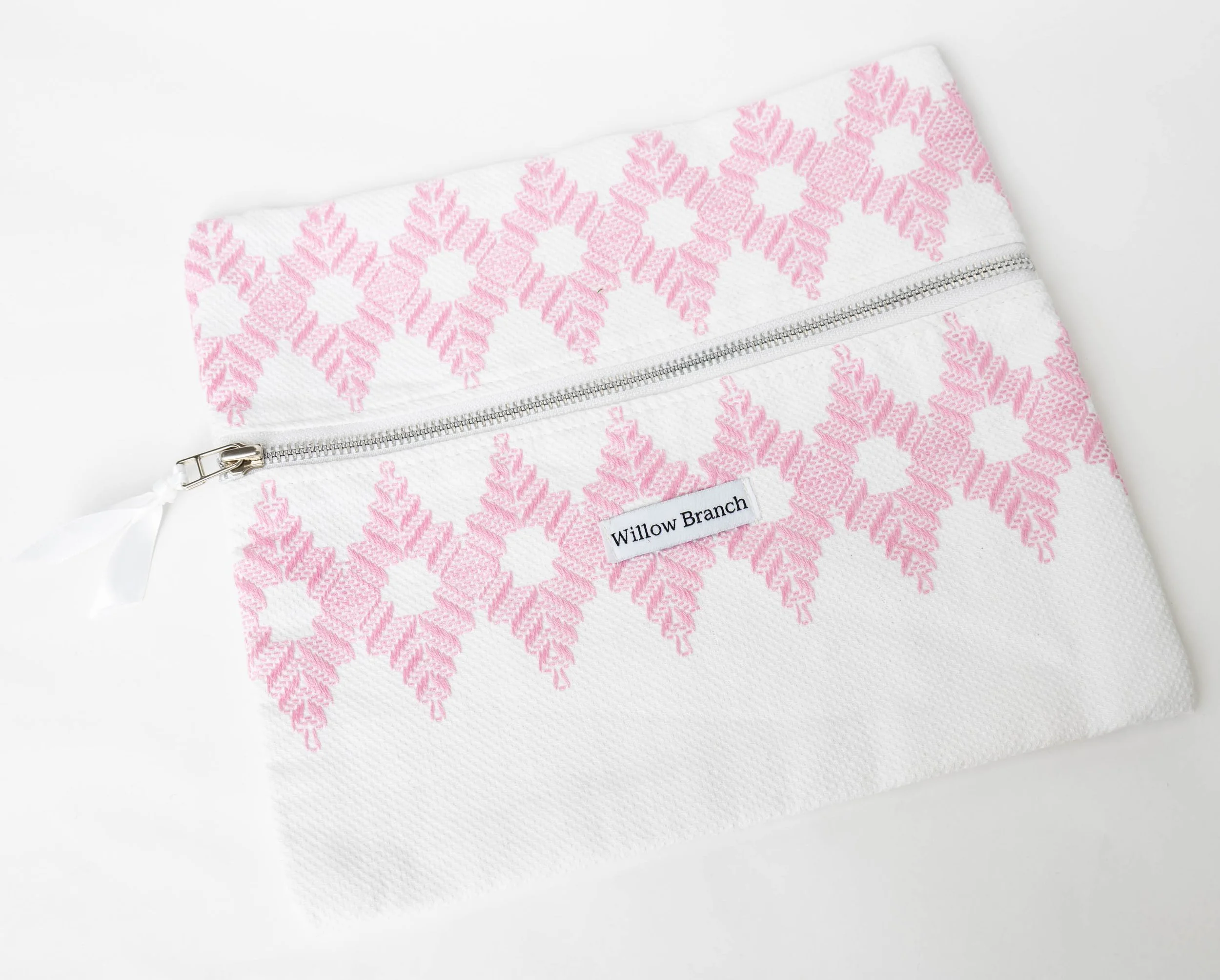 White with Pink Embroidery Flat Pouch