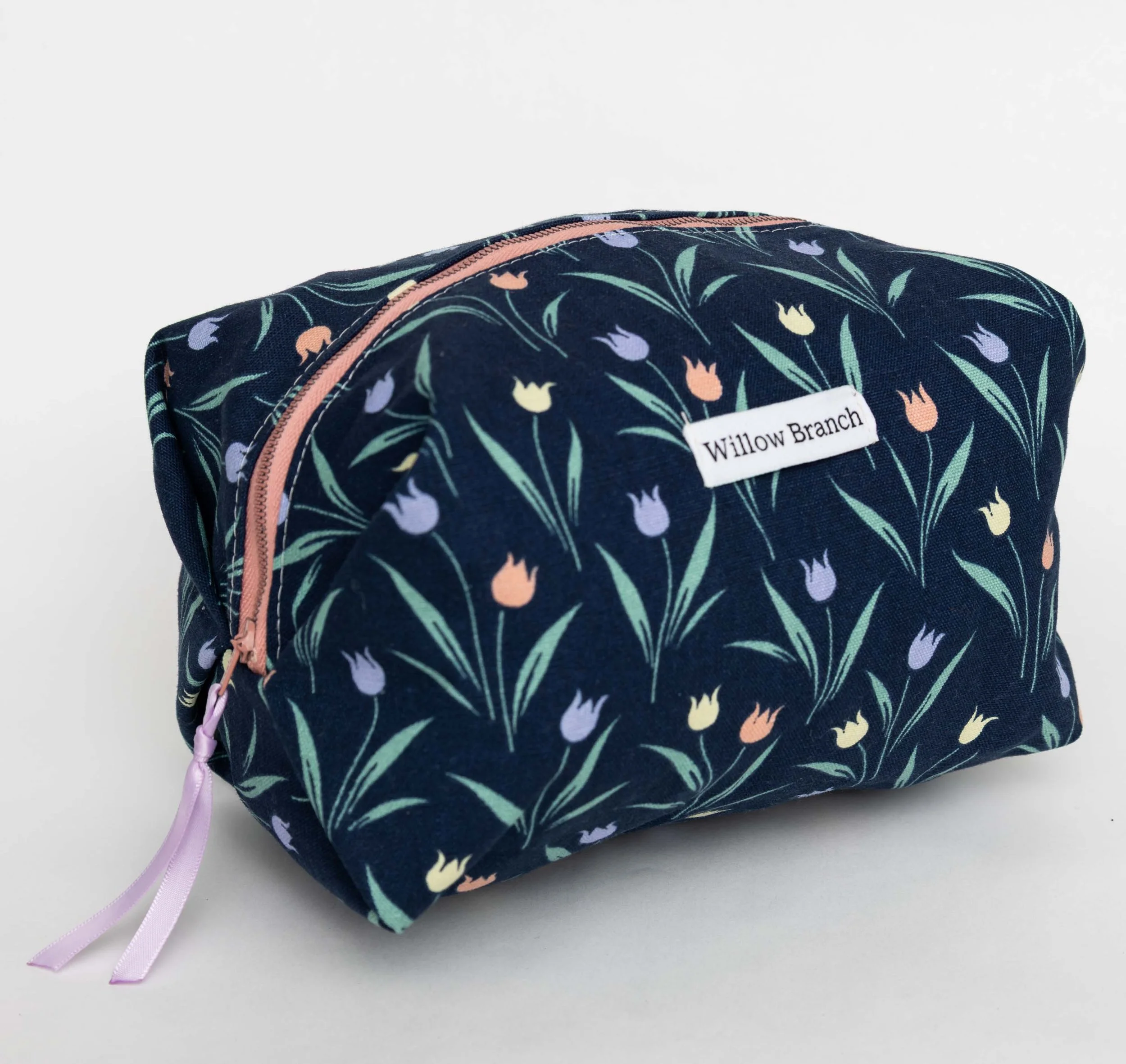 Multi colour Tulip with Navy background Boxy makeup bag Purple ribbon