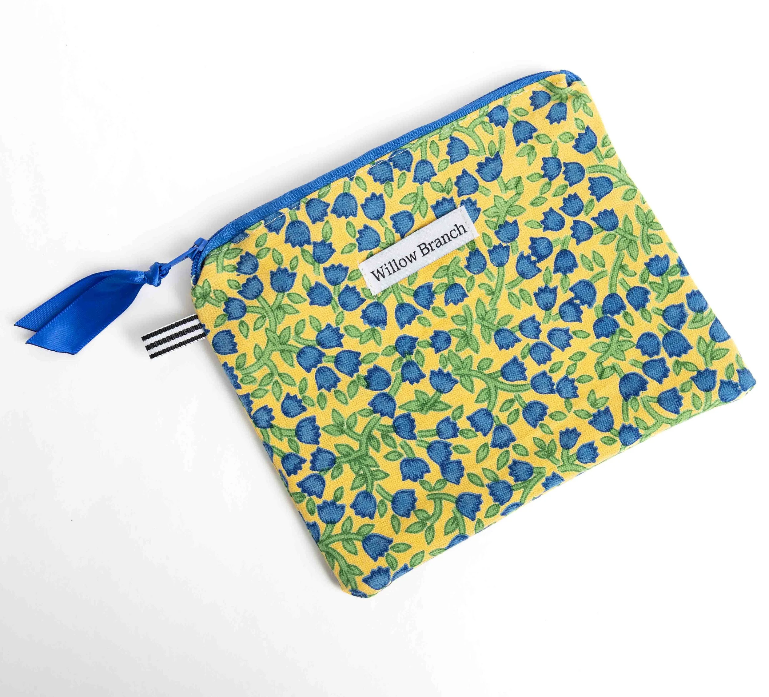 Yellow and Blue Flower Flat Pouch with Blue Zipper