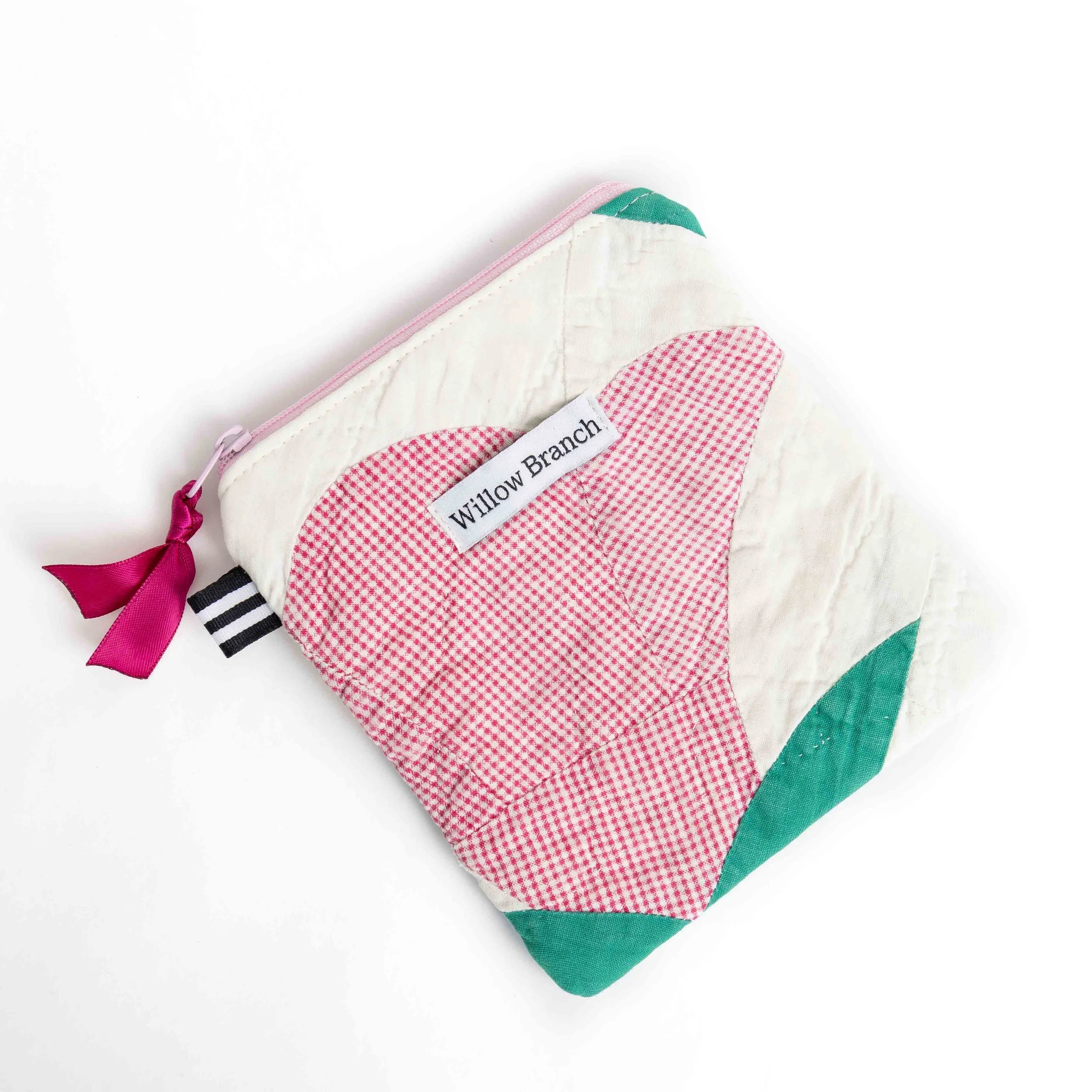 Pink Tulip Vintage Upcycled Quilt Flat Pouch with Pink Zipper