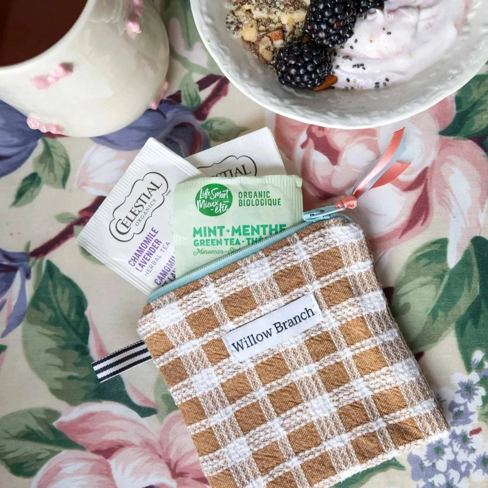 Brown and White Plaid Flat Pouch With Blue Zipper Small