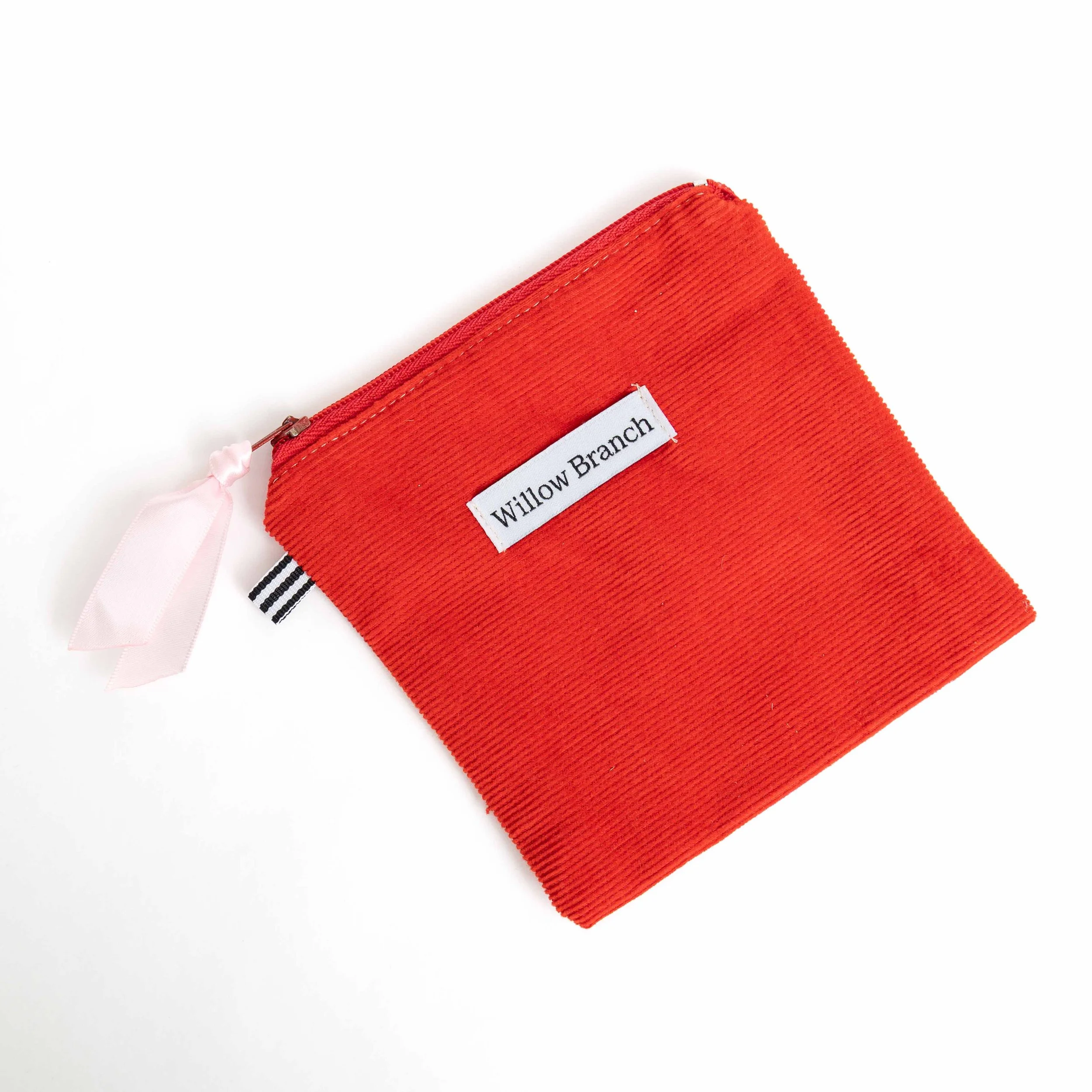 Red Corduroy Flat Pouch Red Zipper Pink Ribbon small