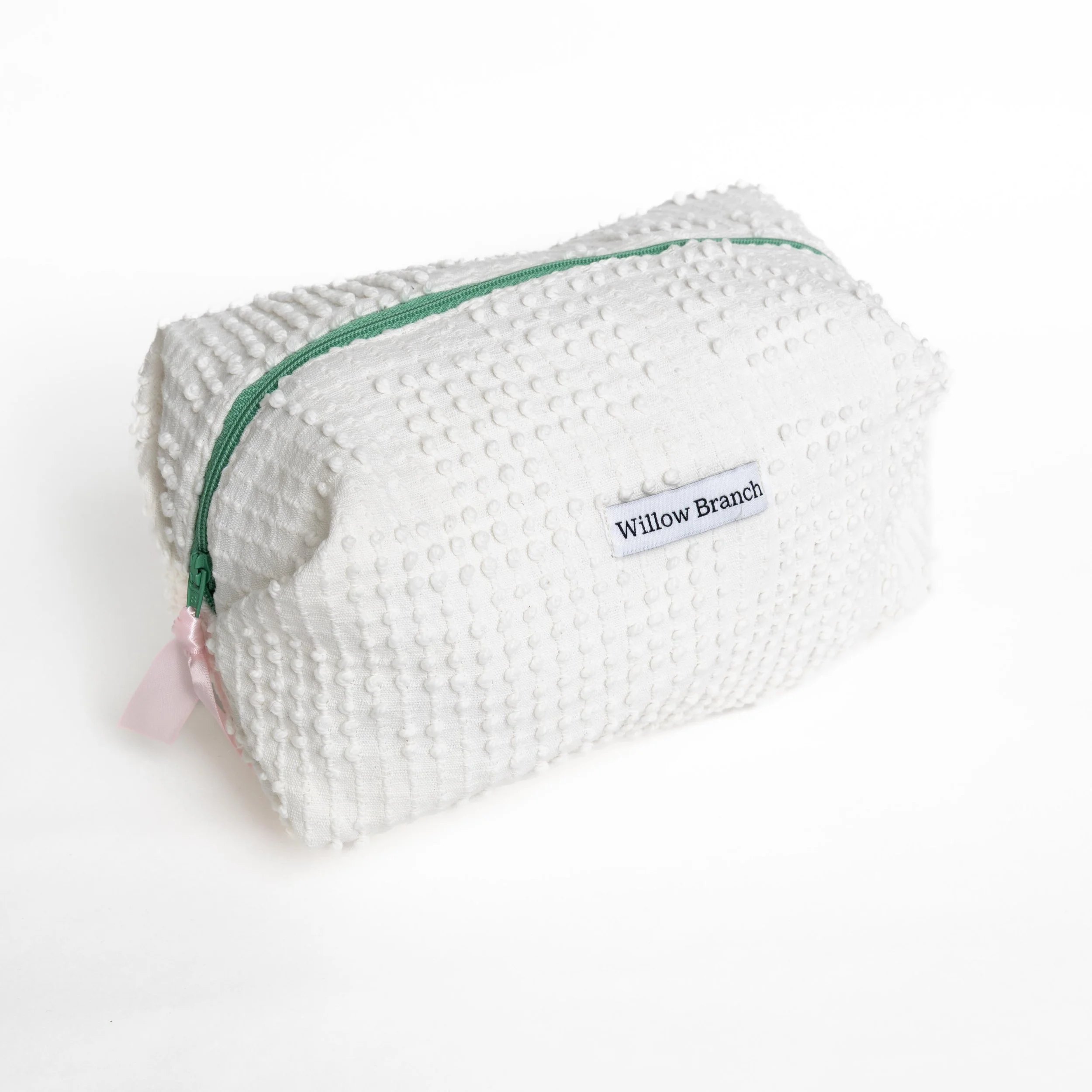 White Chenille Boxy Makeup Bag Green Zipper