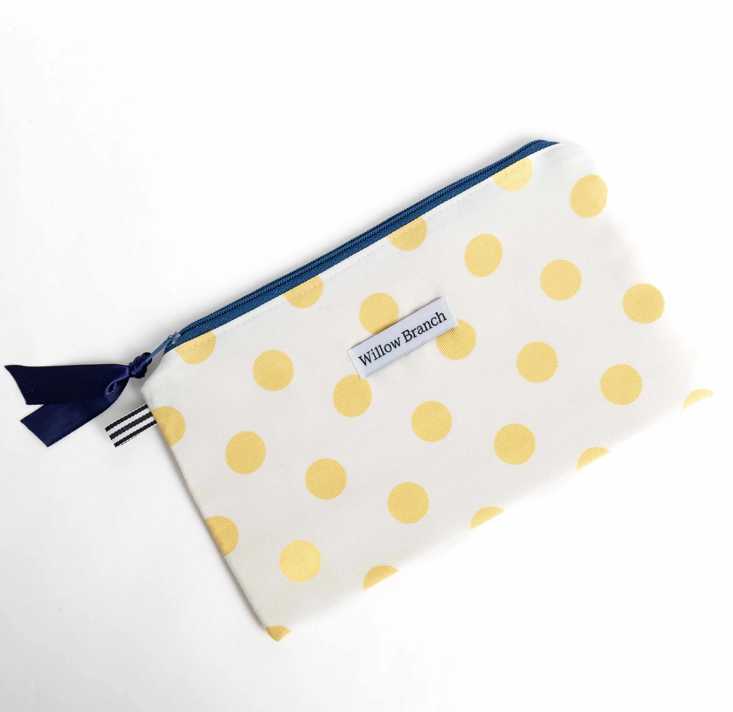 Yellow Polka Dot flat pouch with Navy Zipper Larger
