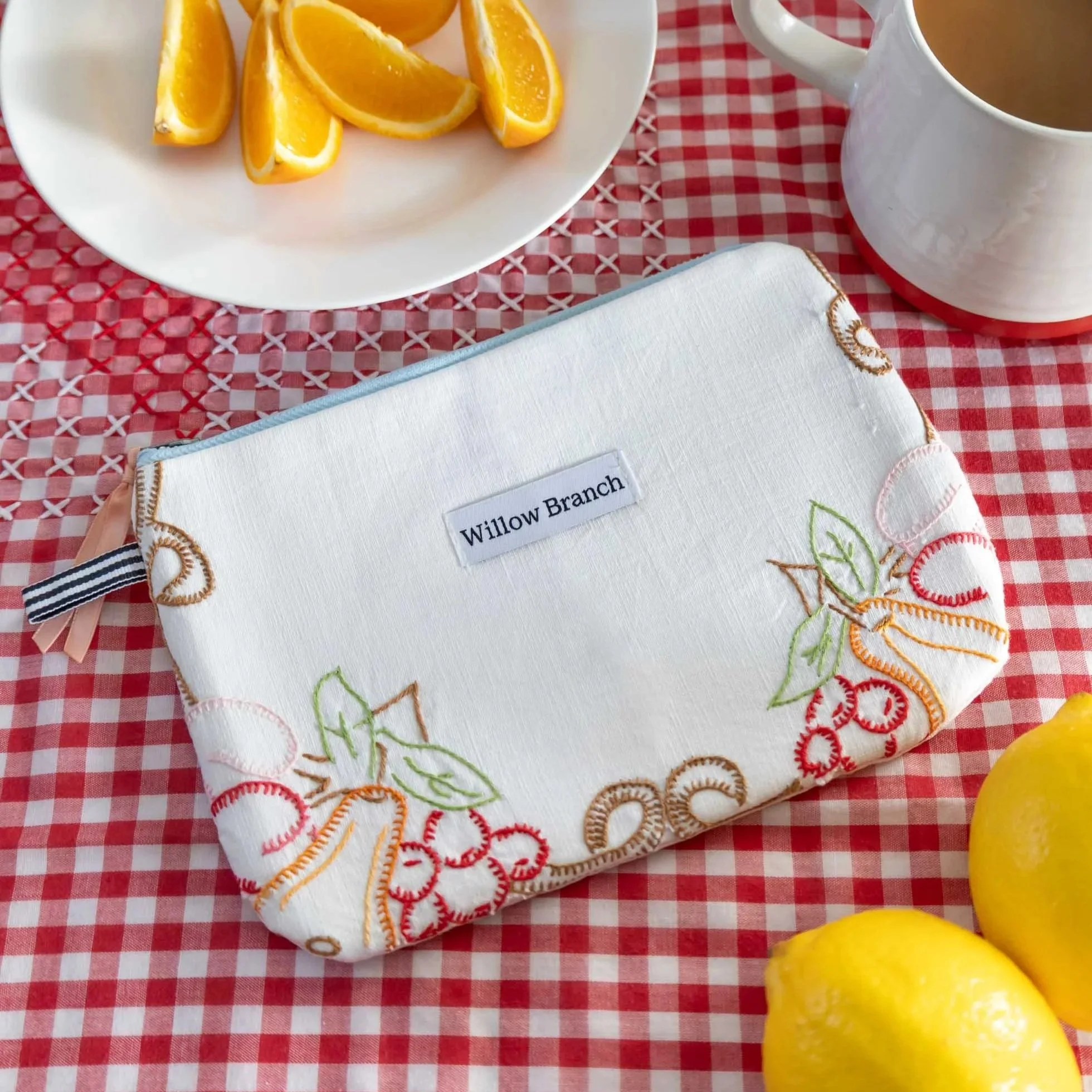 Fruit Embroidered Pink Flat Pouch