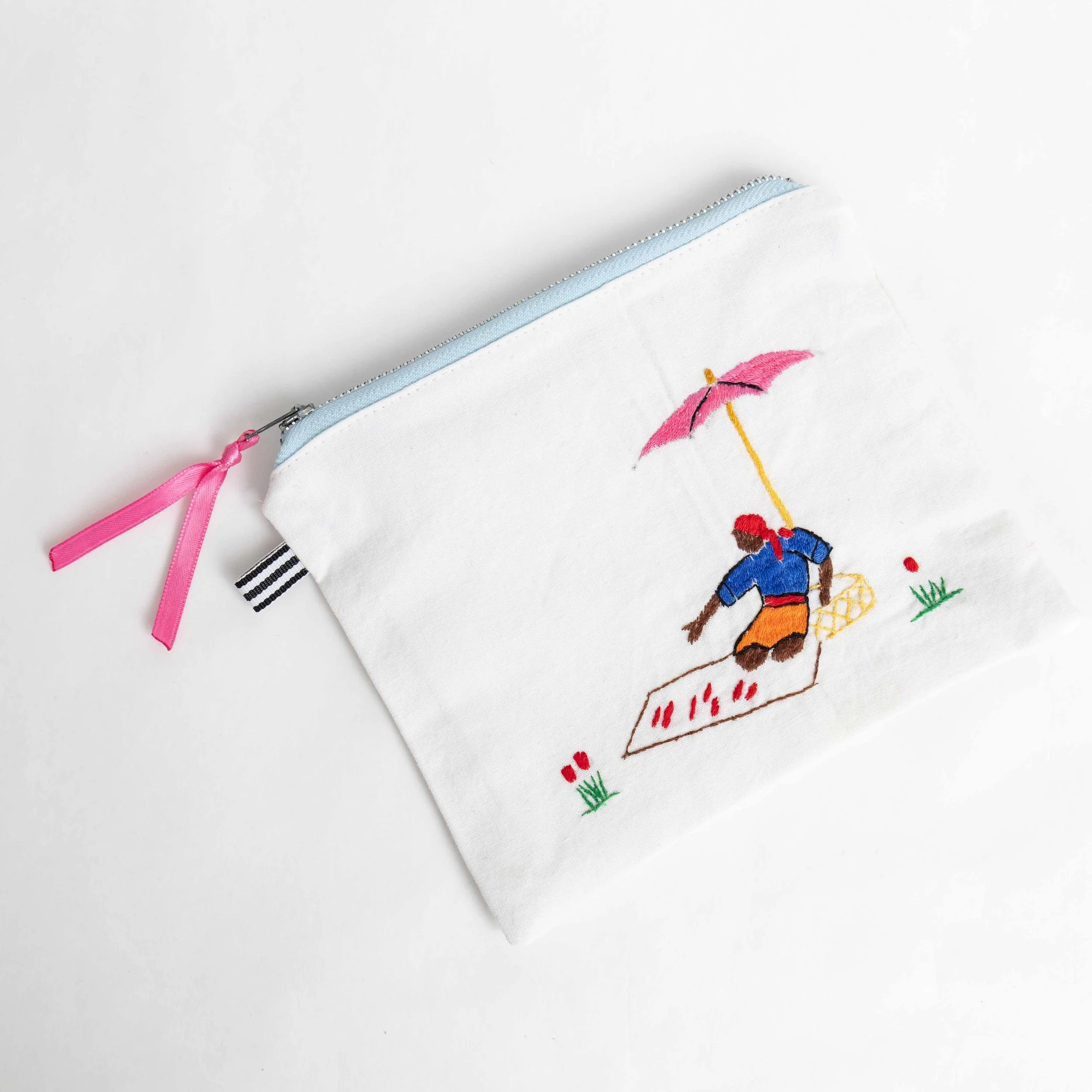 Market Vendor Flat Pouch with Light Blue Zipper
