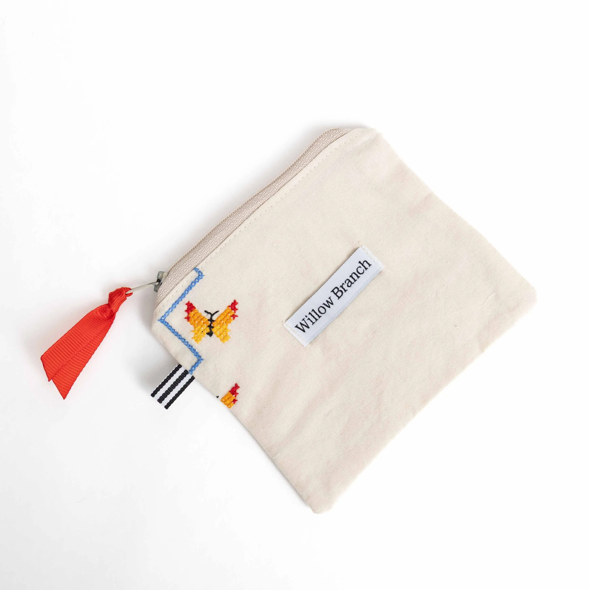 Embroidered Butterfly Tan  Flat Pouch Top Left