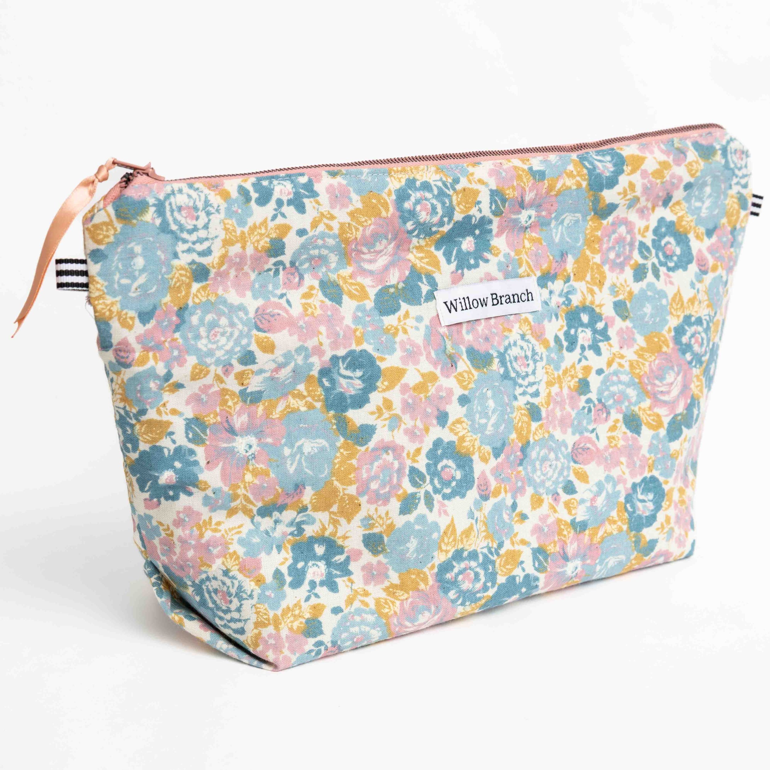Floral Vintage Blue Pink yellow Triangle Makeup Bag