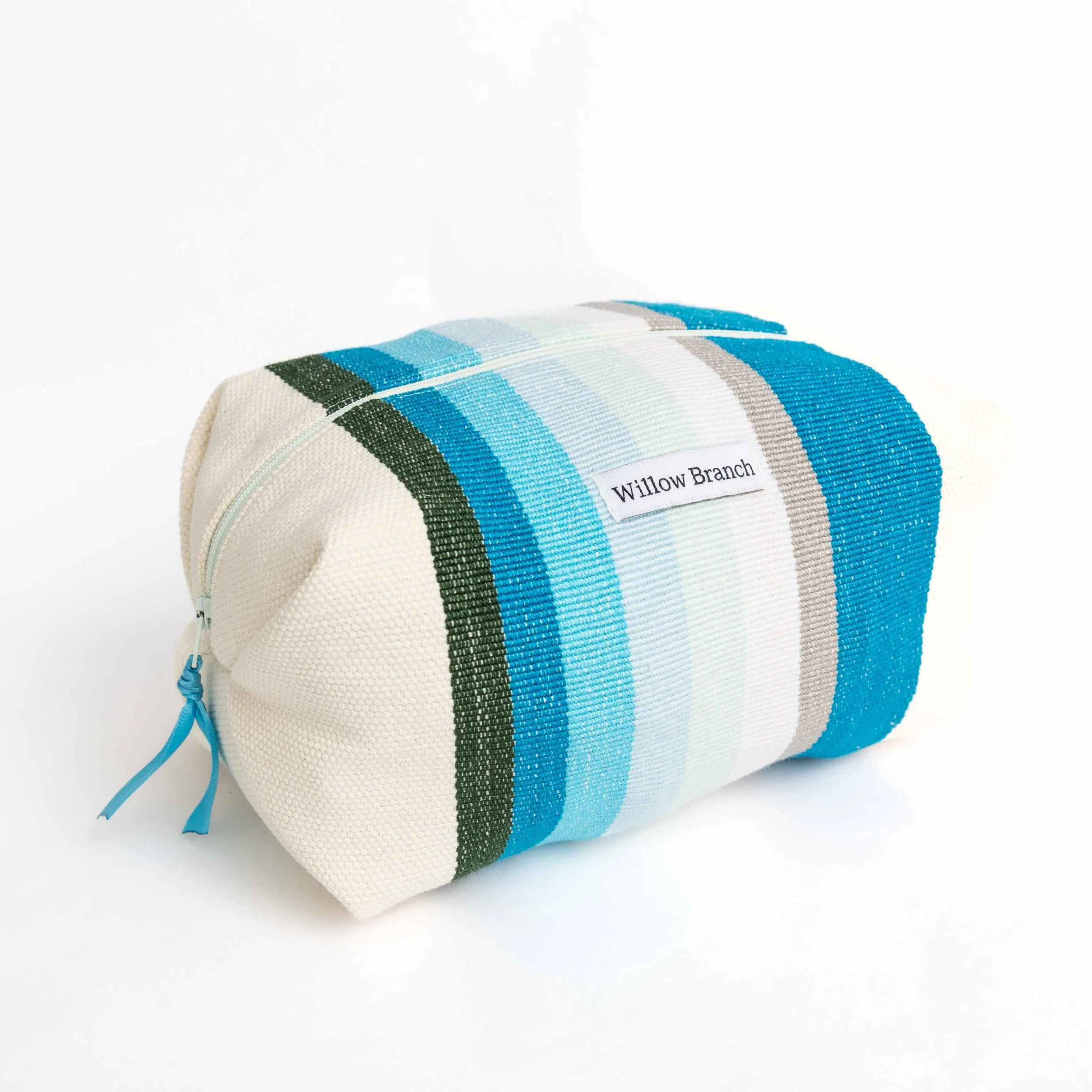 Teal Blue Grey Strip Boxy Makeup Bag with Light Blue Zipper