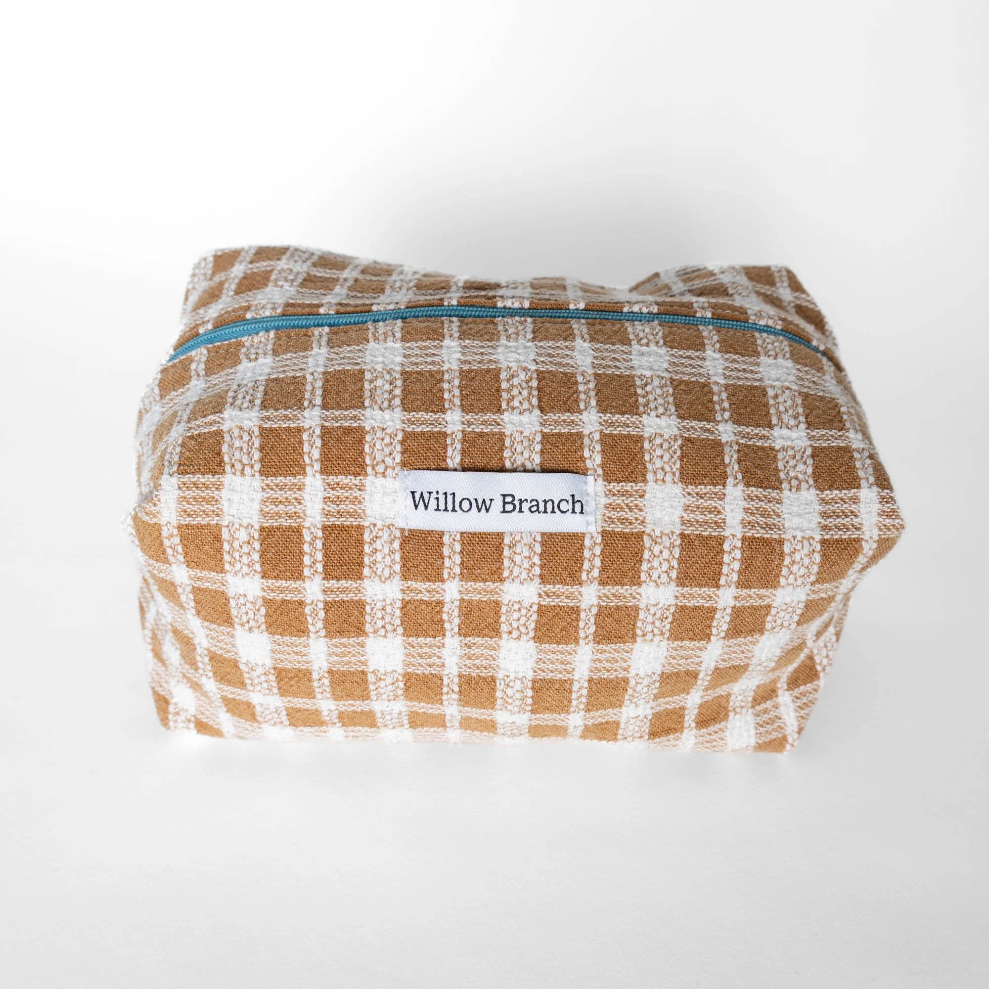 Brown and White Plaid Boxy Bag With Blue zipper