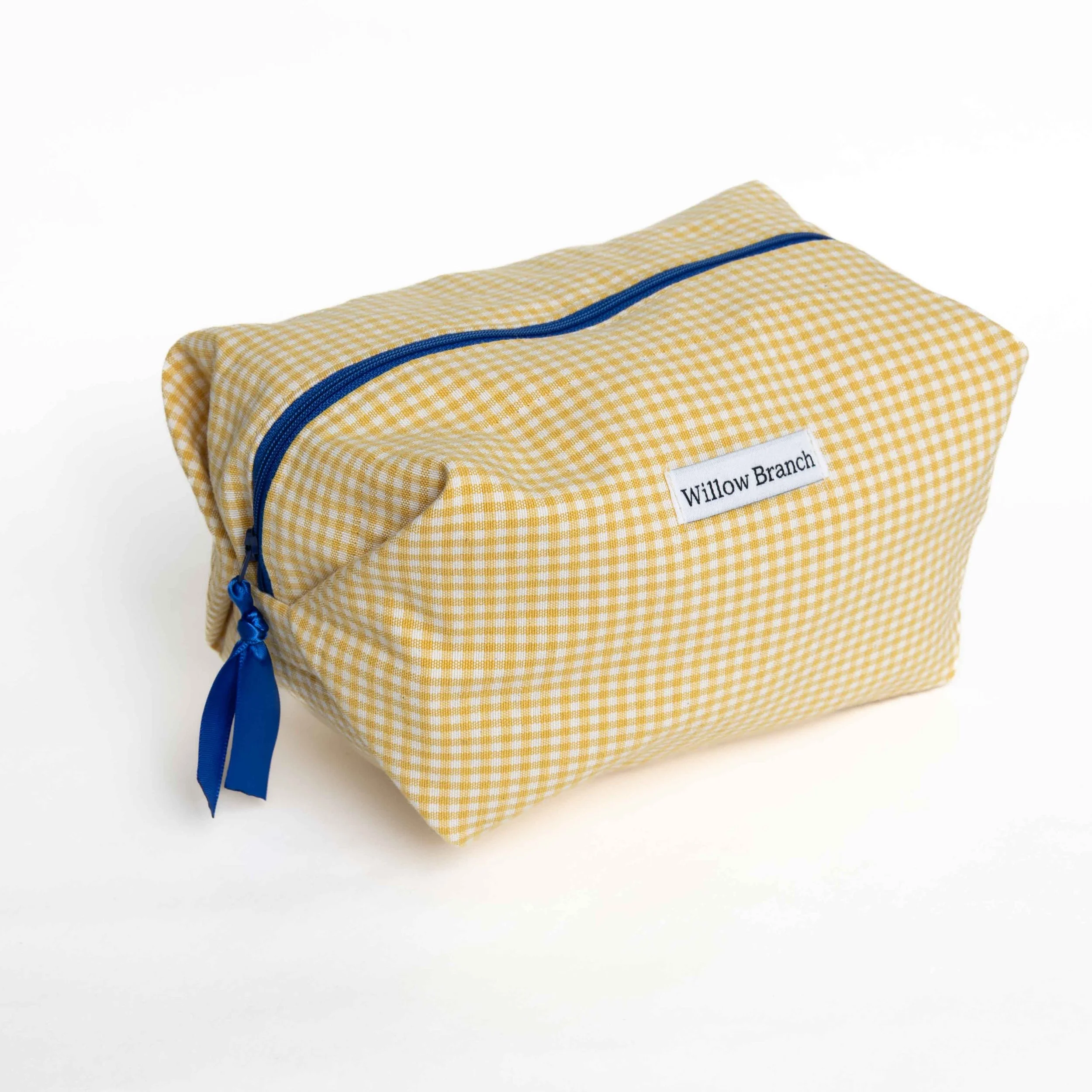 Yellow and White mini Gingham Boxy Makeup Bag Cobalt Blue Zipper