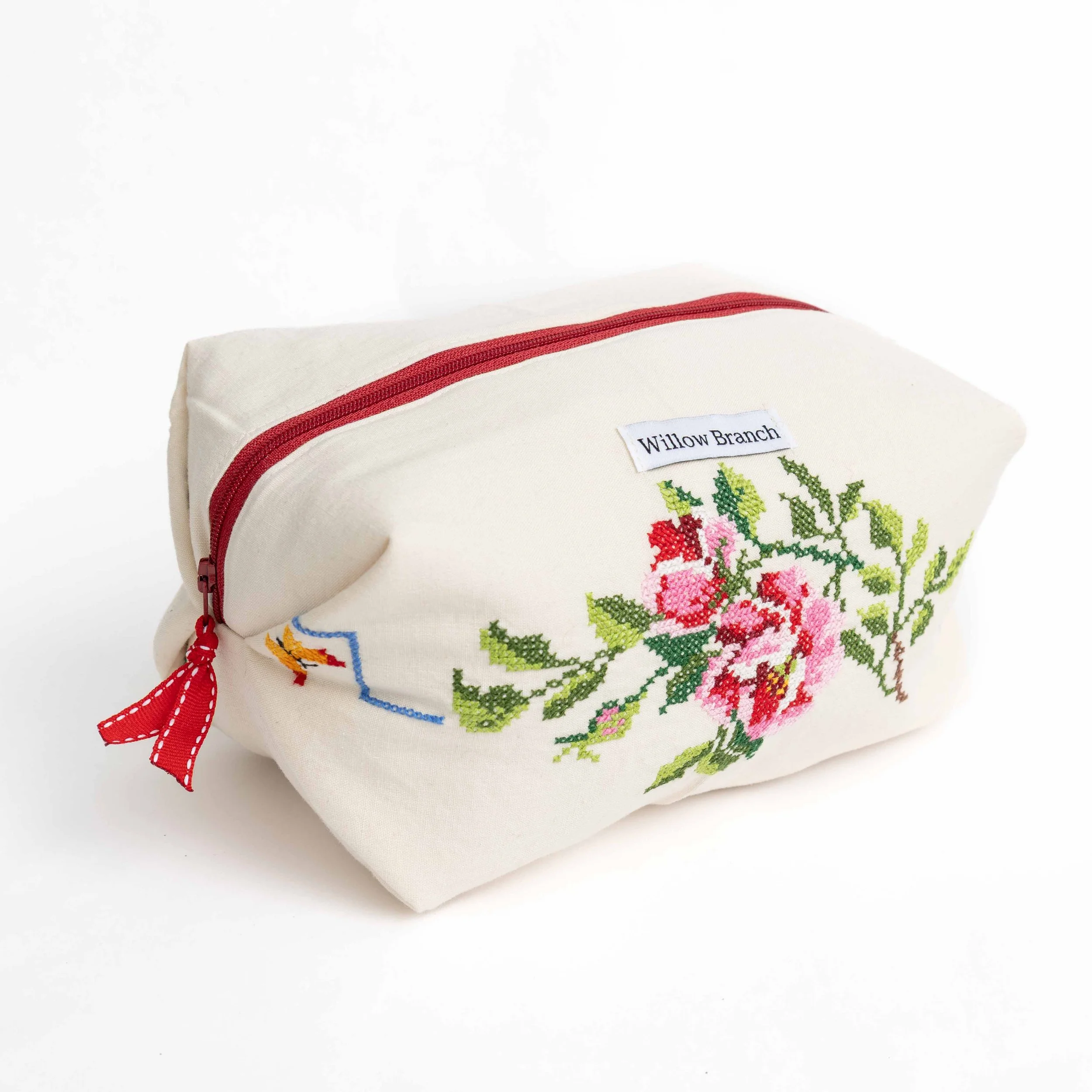 Embroidery Rose Center Boxy Makeup Bag Red Ribbon