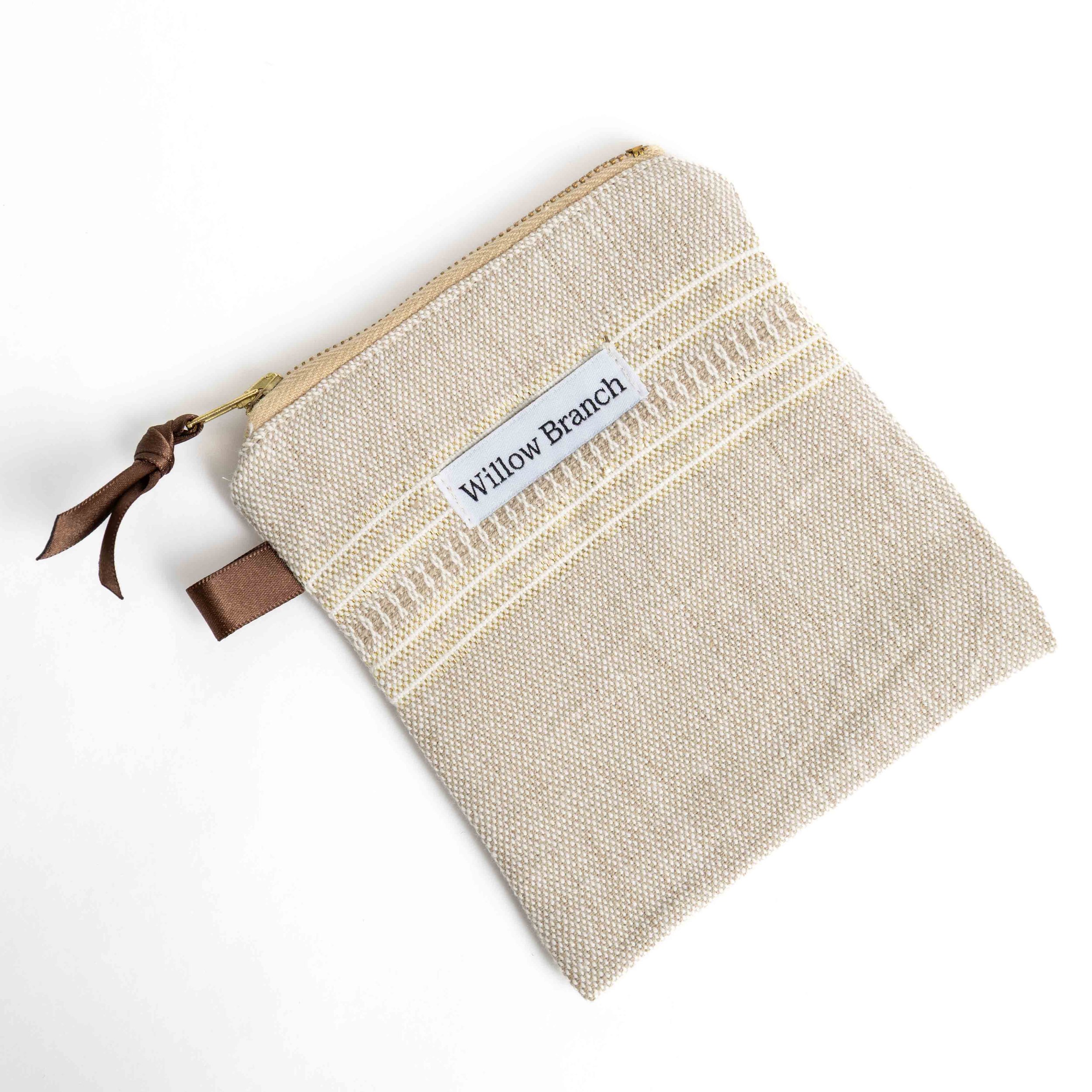 Tan with Gold Stripe Flat Pouch with Brass Zipper