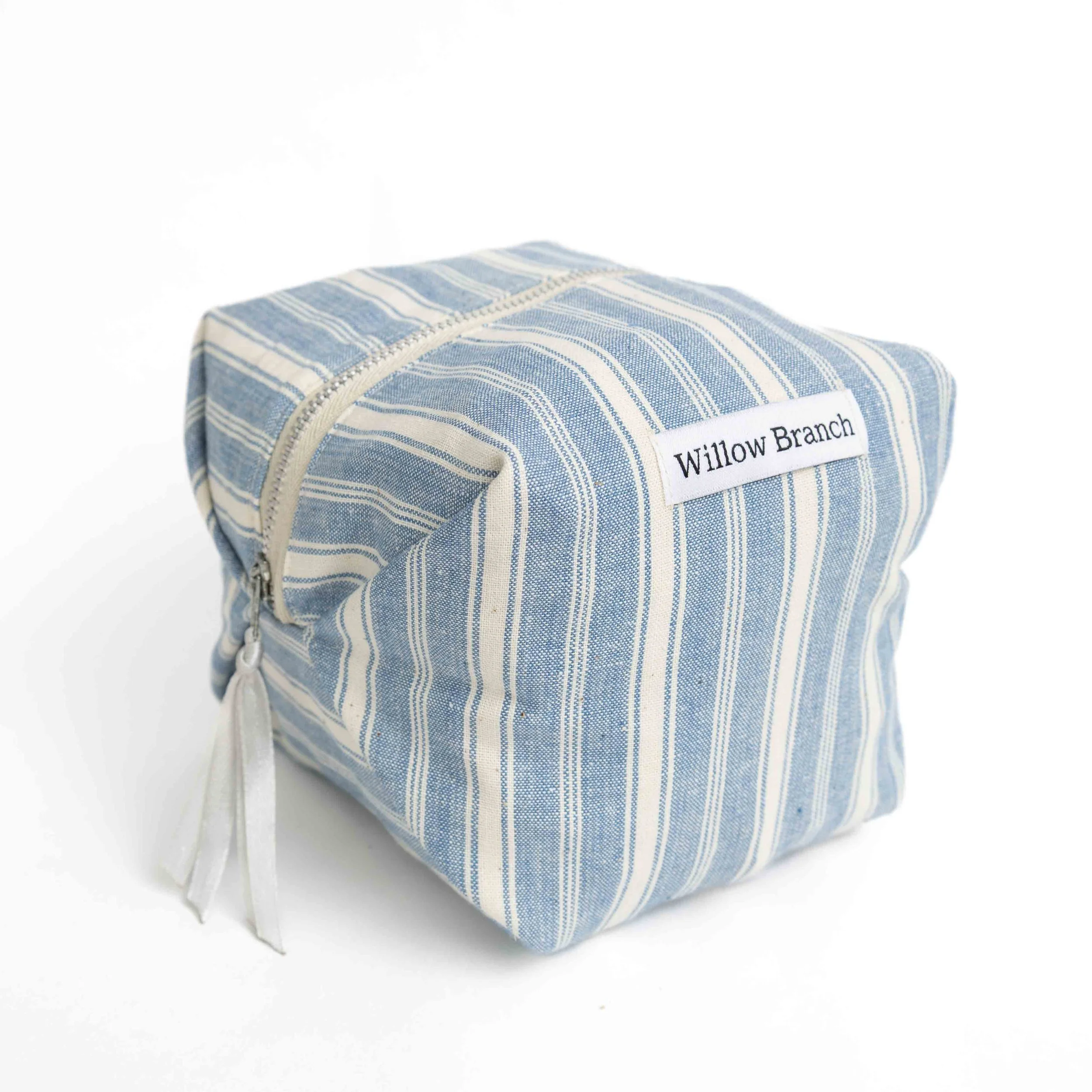 Blue Stripe Small Boxy Makeup Bag With Tan Metal Zipper