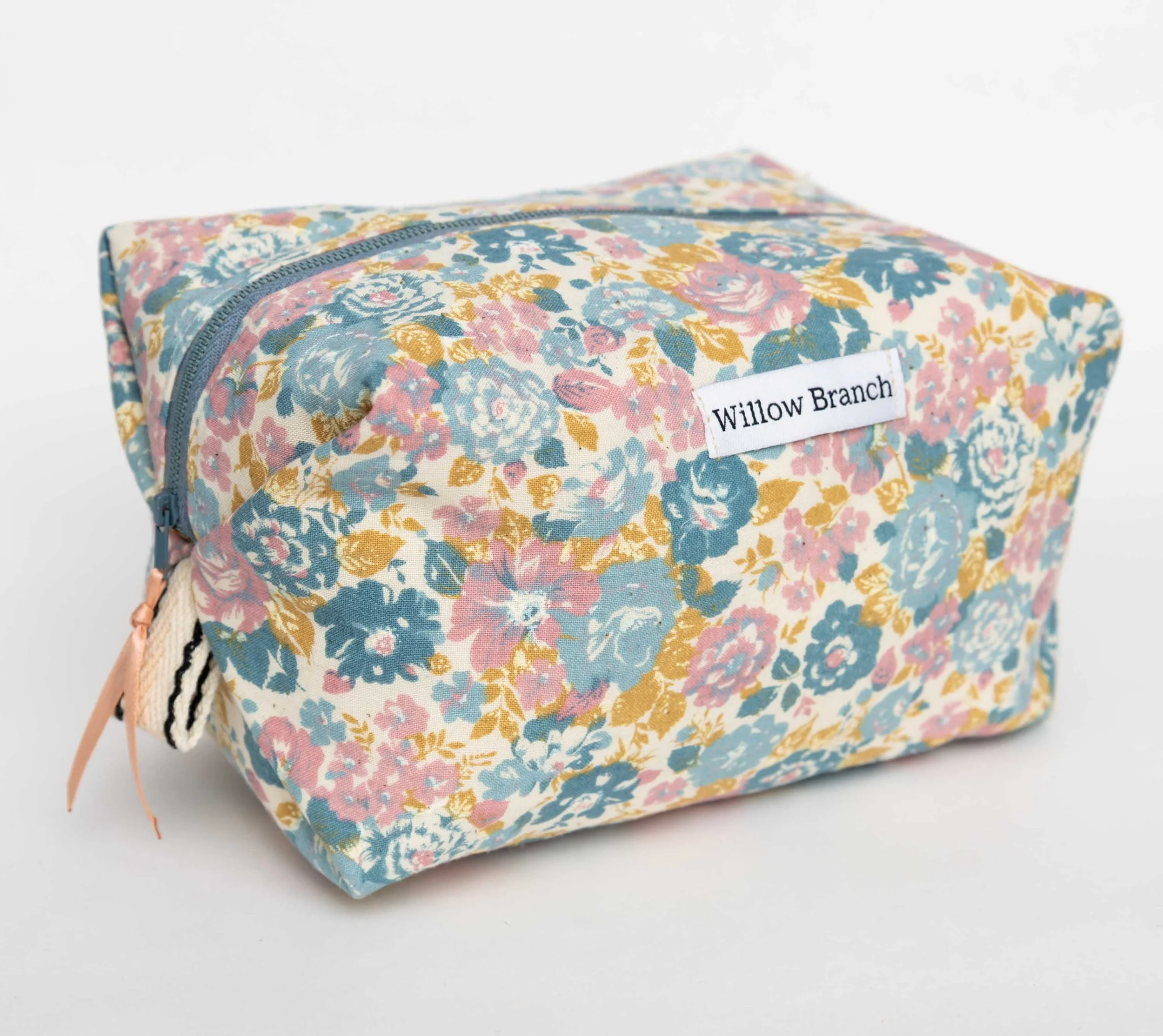 Vintage Floral Pink Blue and Mustard Yellow Boxy Makeup Bag with Tab
