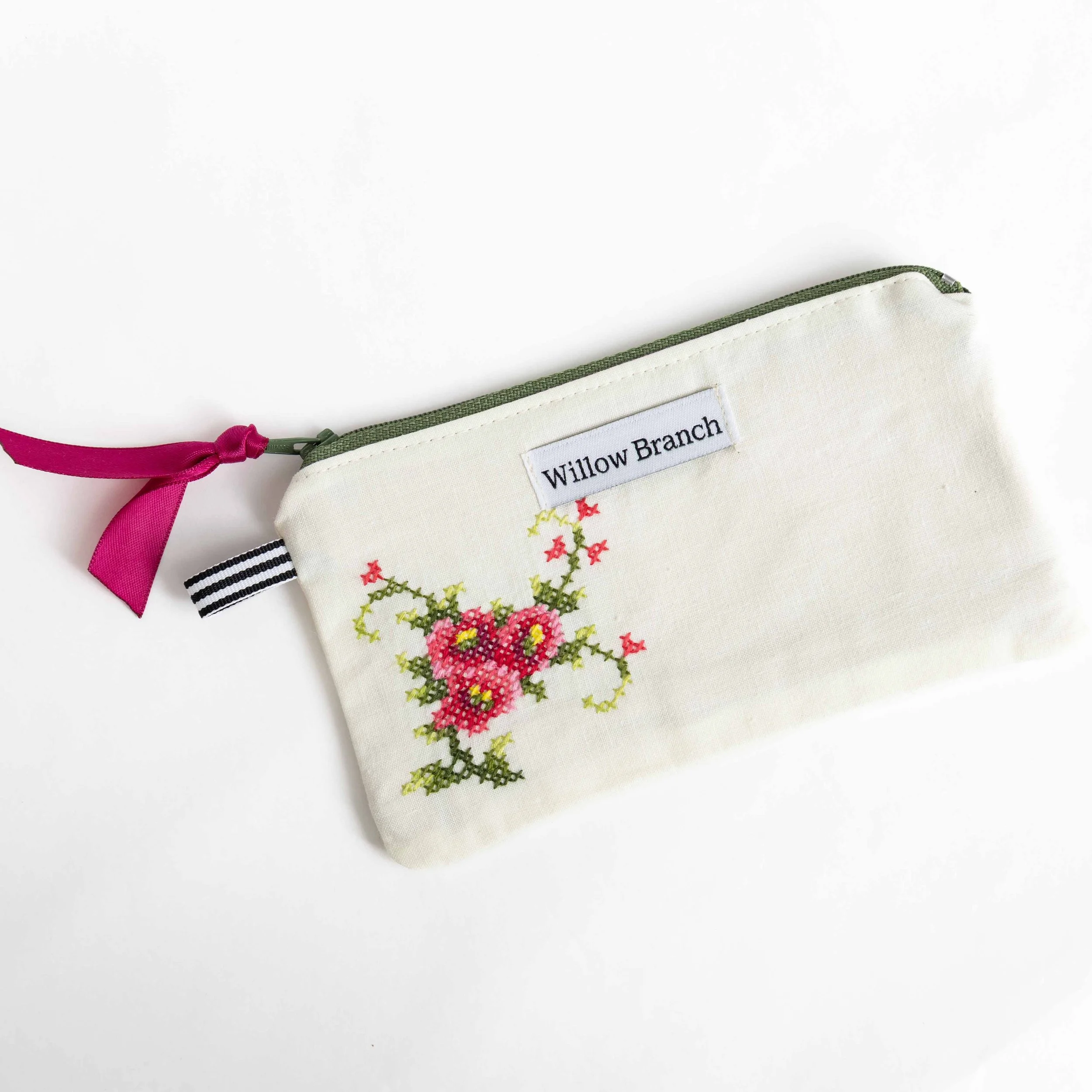 Cream with Three Pink Rose Embroidery Flat Pouch