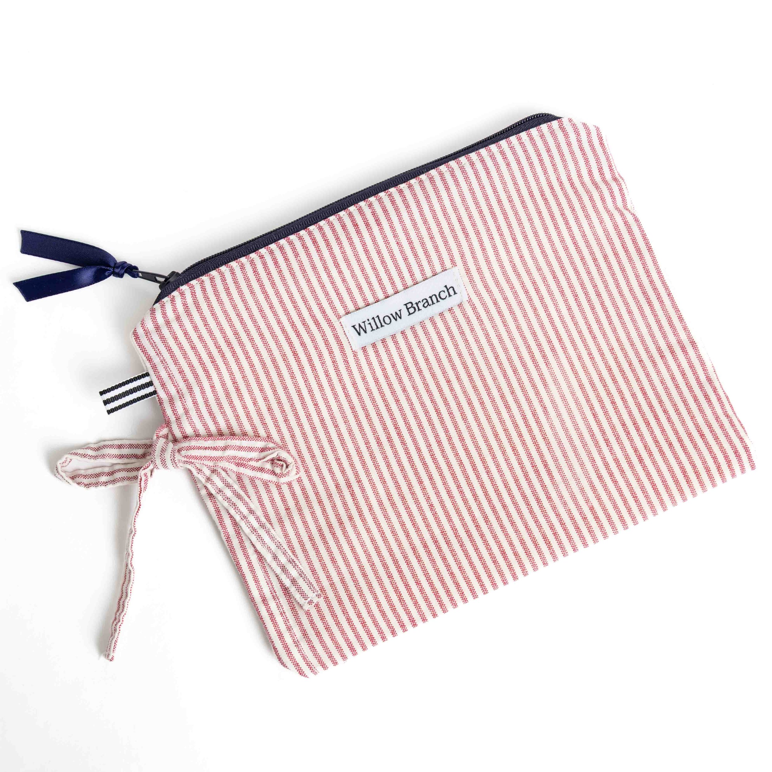 Red and White Stripe Flat Pouch Navy Zipper large with bow