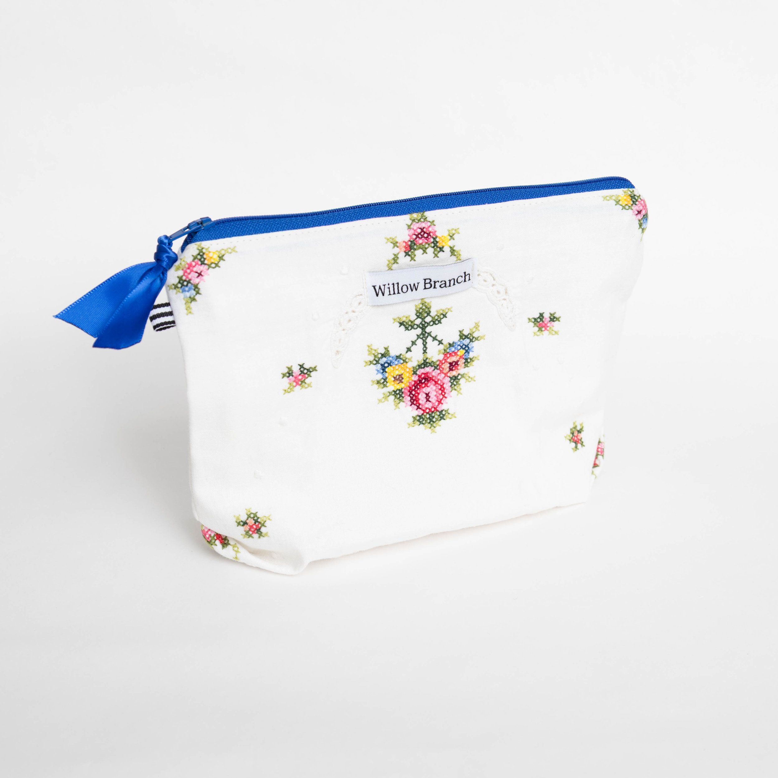 Triangle Makeup Bag from Embroidered Napkin cobalt Zipper