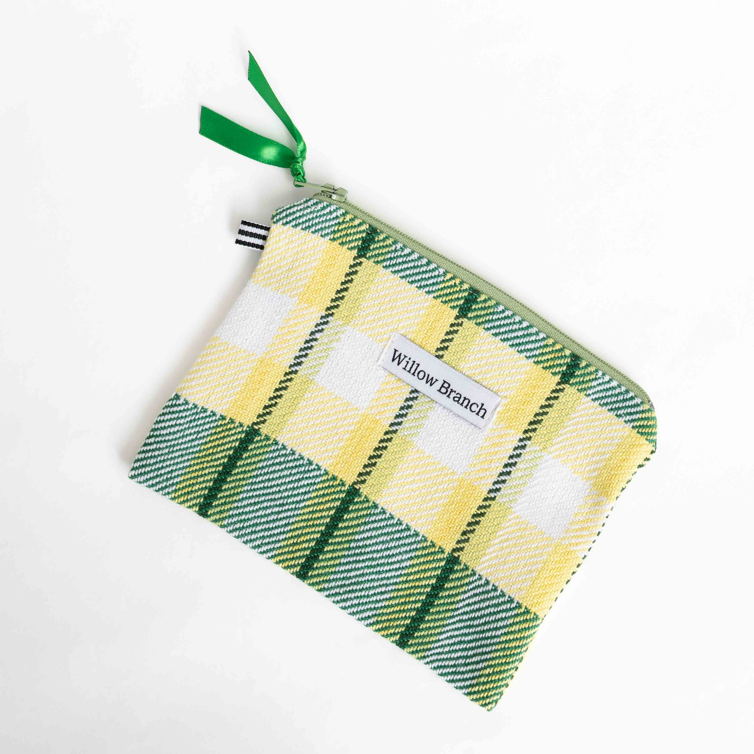 Green and Yellow Flat Pouch Hand Woven upcycled fabric from Quebec