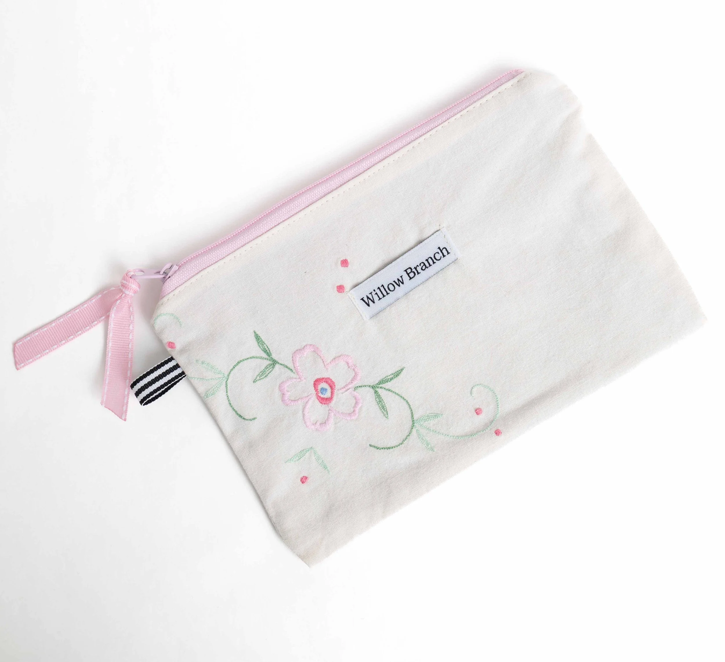 Embroidered Pink Flower Pencil Case with Pink Zipper