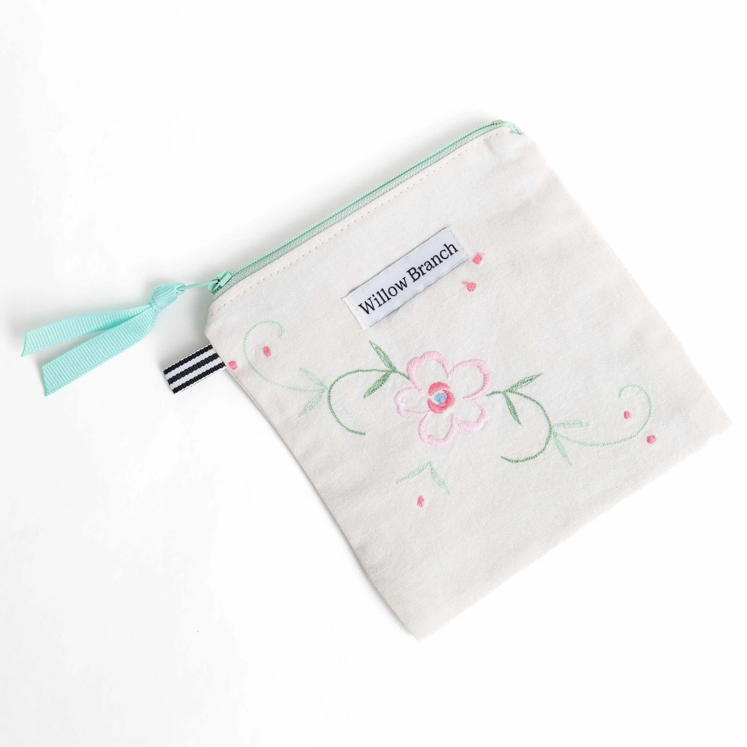 Embroidered Pink Flower flat pouch with Teal Zipper