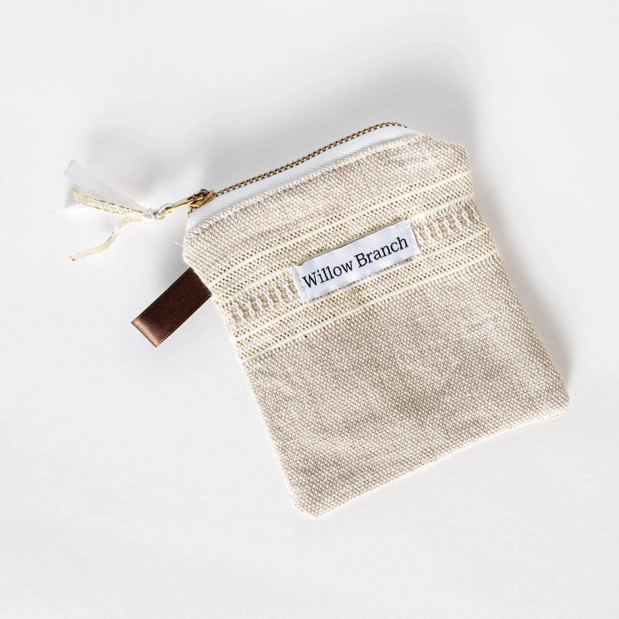 Woven Beige with Gold Flat Pouch Small Brass Zipper