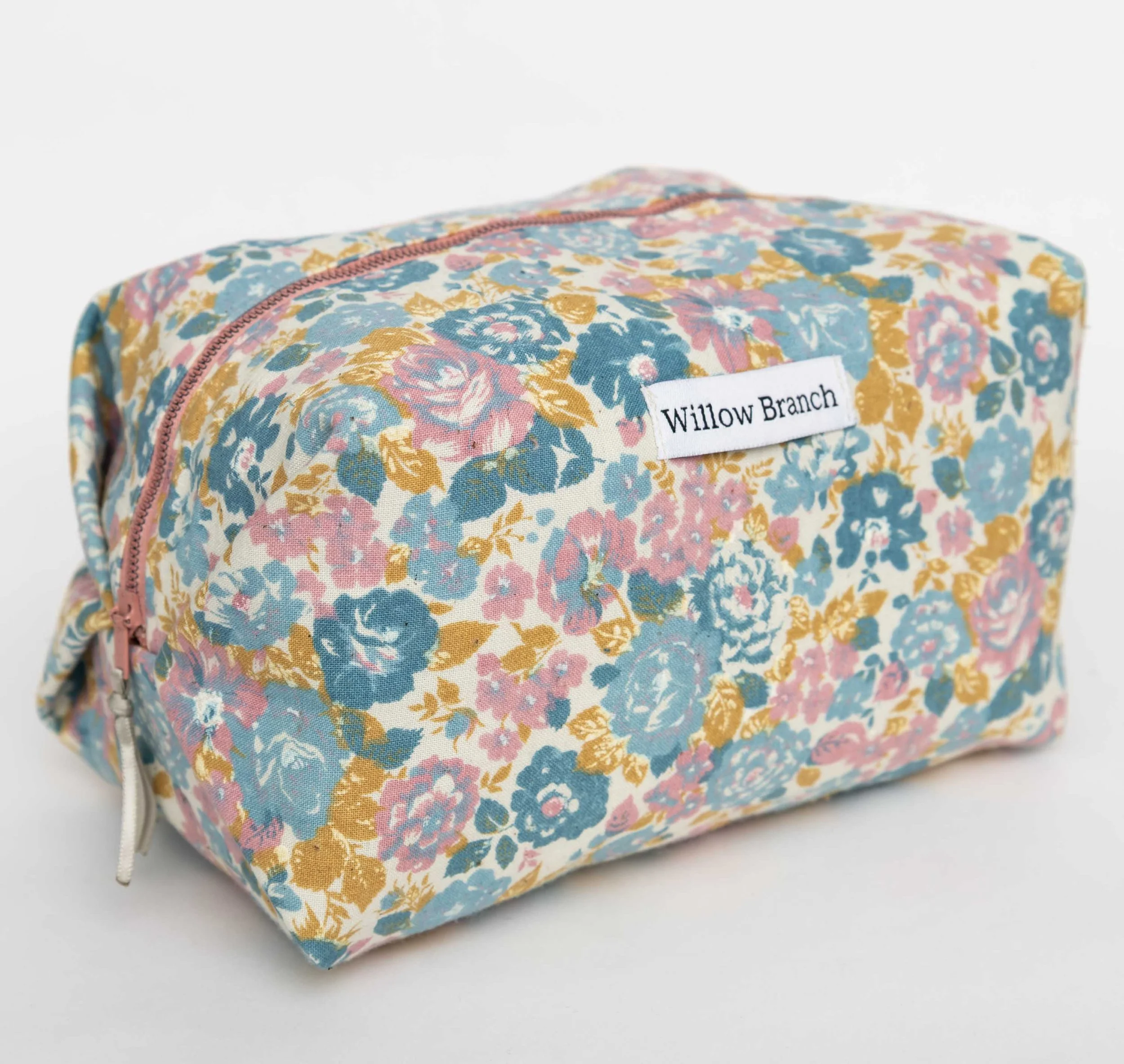 Vintage Floral Pink Blue and Mustard Yellow Boxy Makeup Bag