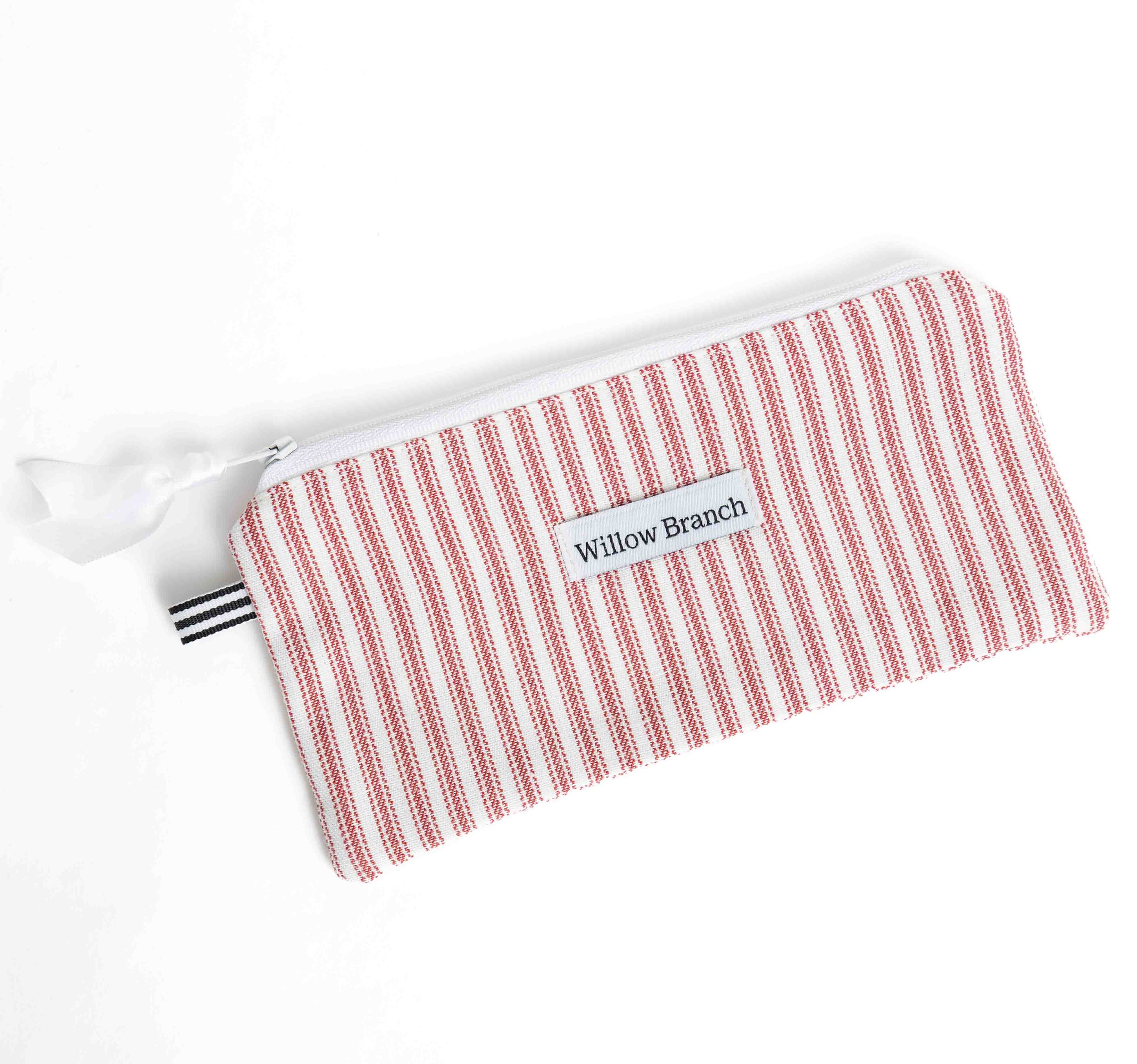 Red and White Stripe Vertical Pencil Case White Zipper