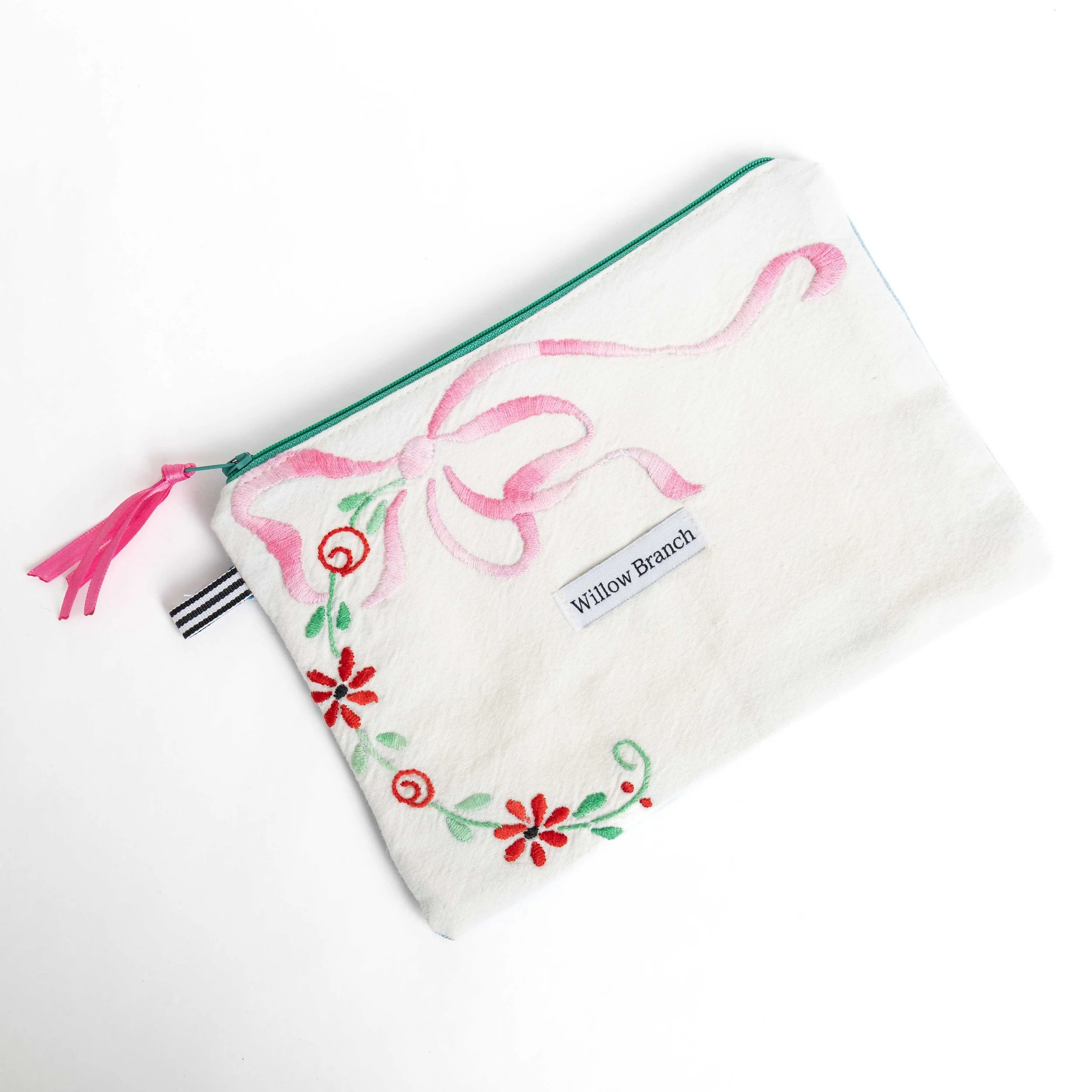 Embroidered Pink Bow and Flowers Flat Pouch