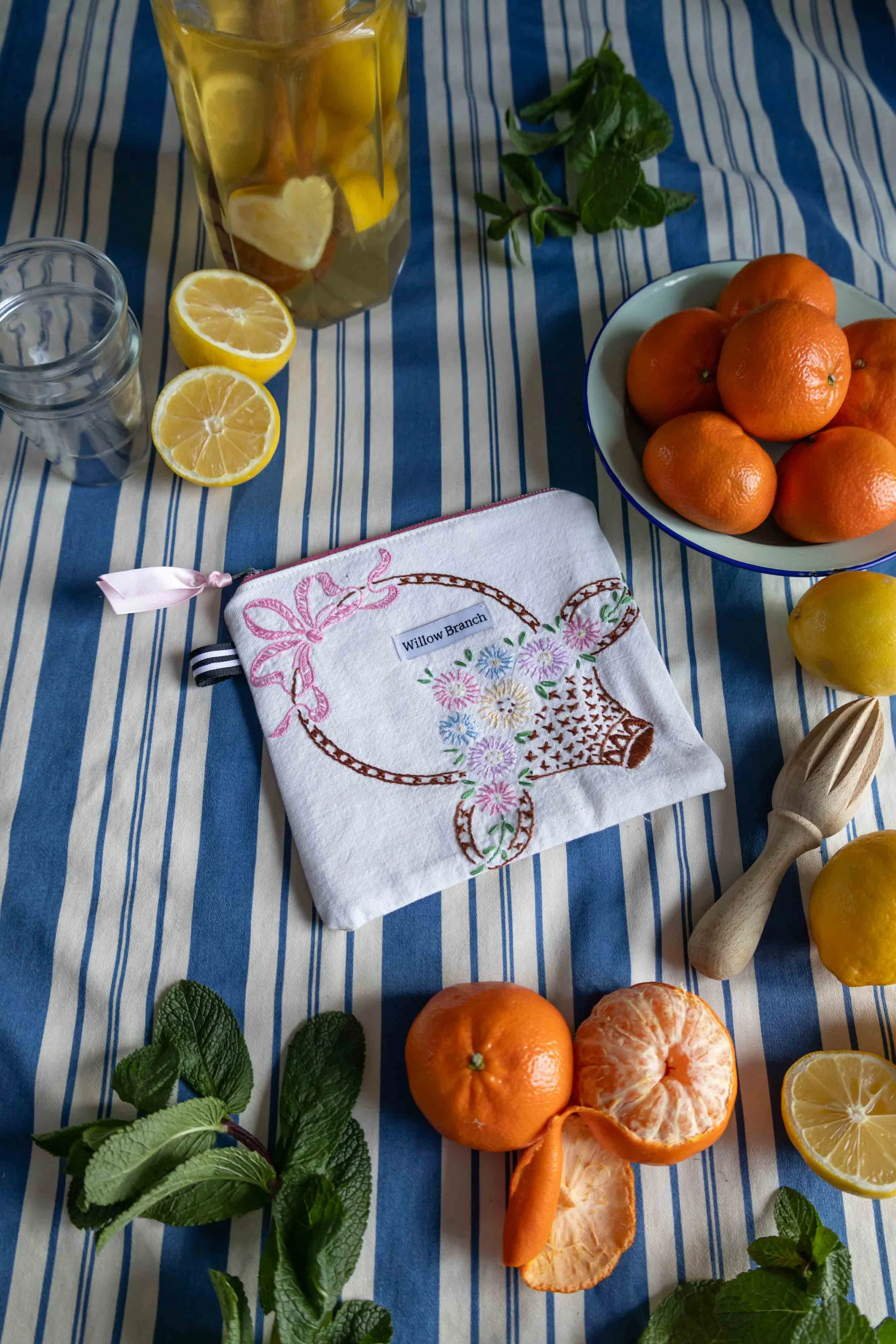 Embroidered Basket of Flowers Flat Pouch
