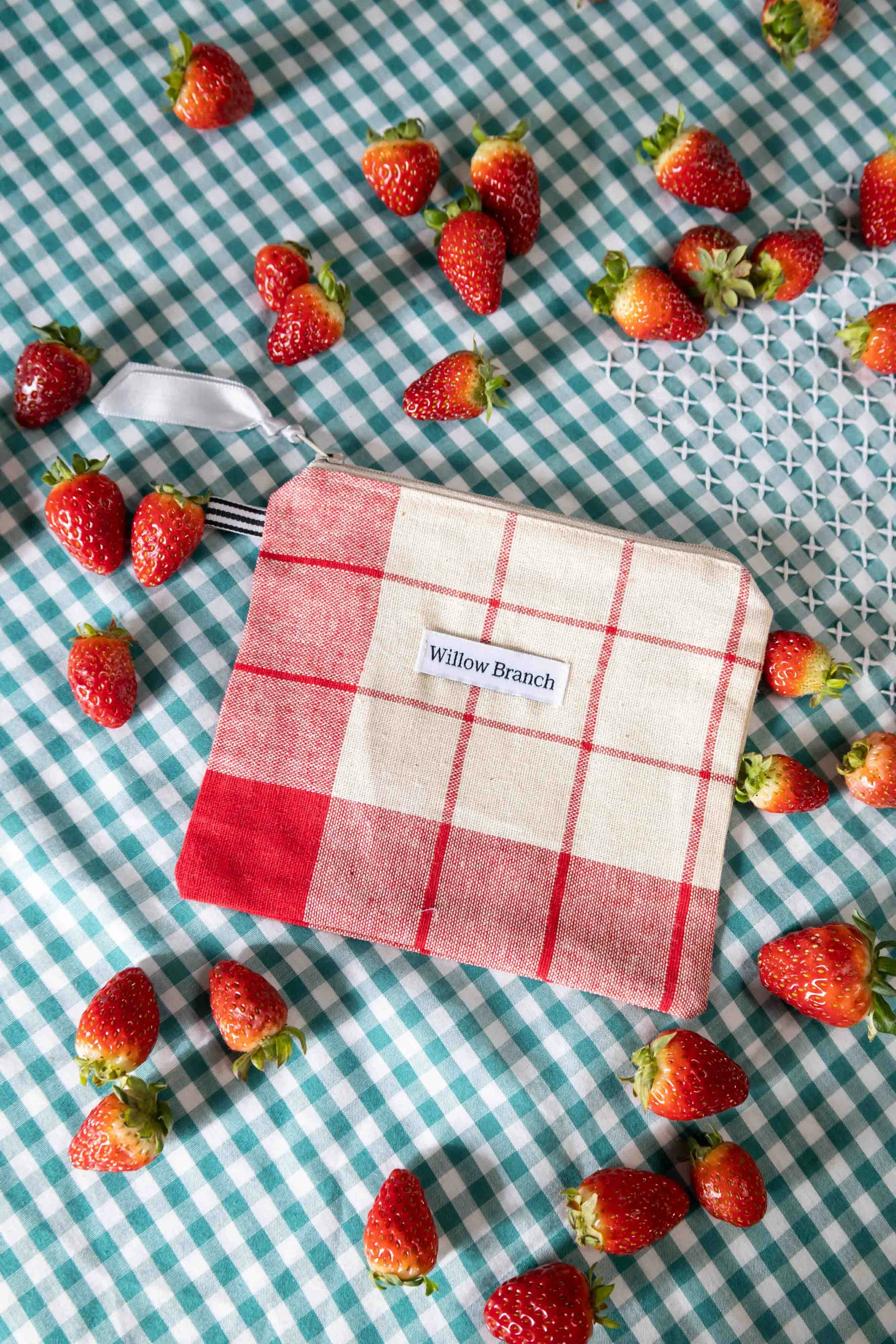 Red Tan Plaid Flat Pouch