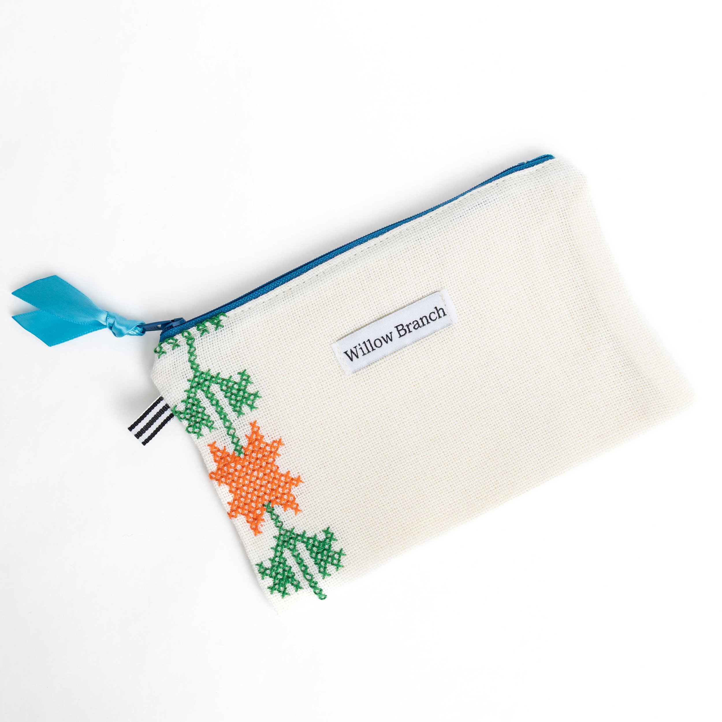 Embroidered Orange Flower Pouch Teal Zipper