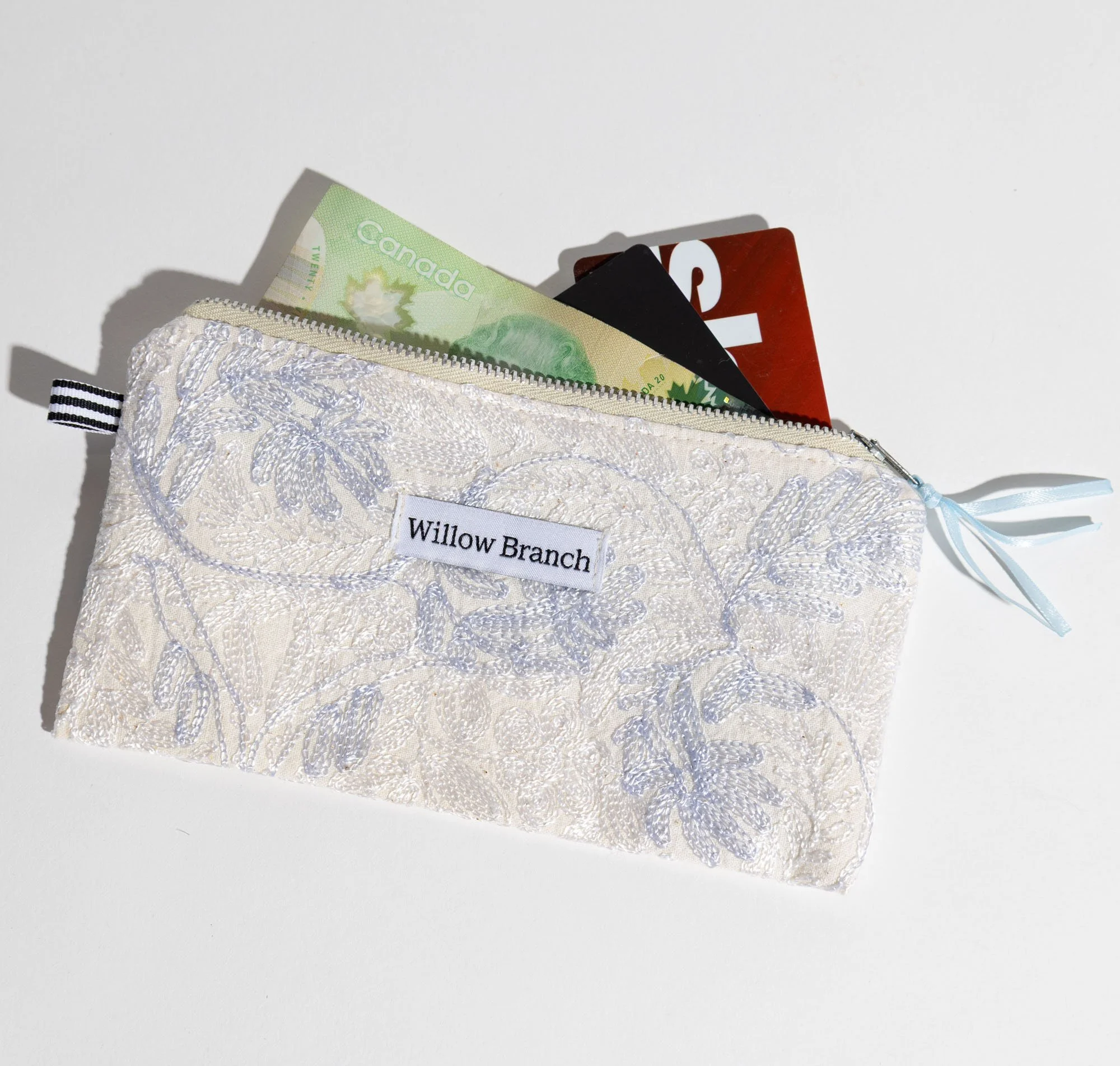 Periwinkle Embroidered Flat Pouch With White Zipper Pencil Case