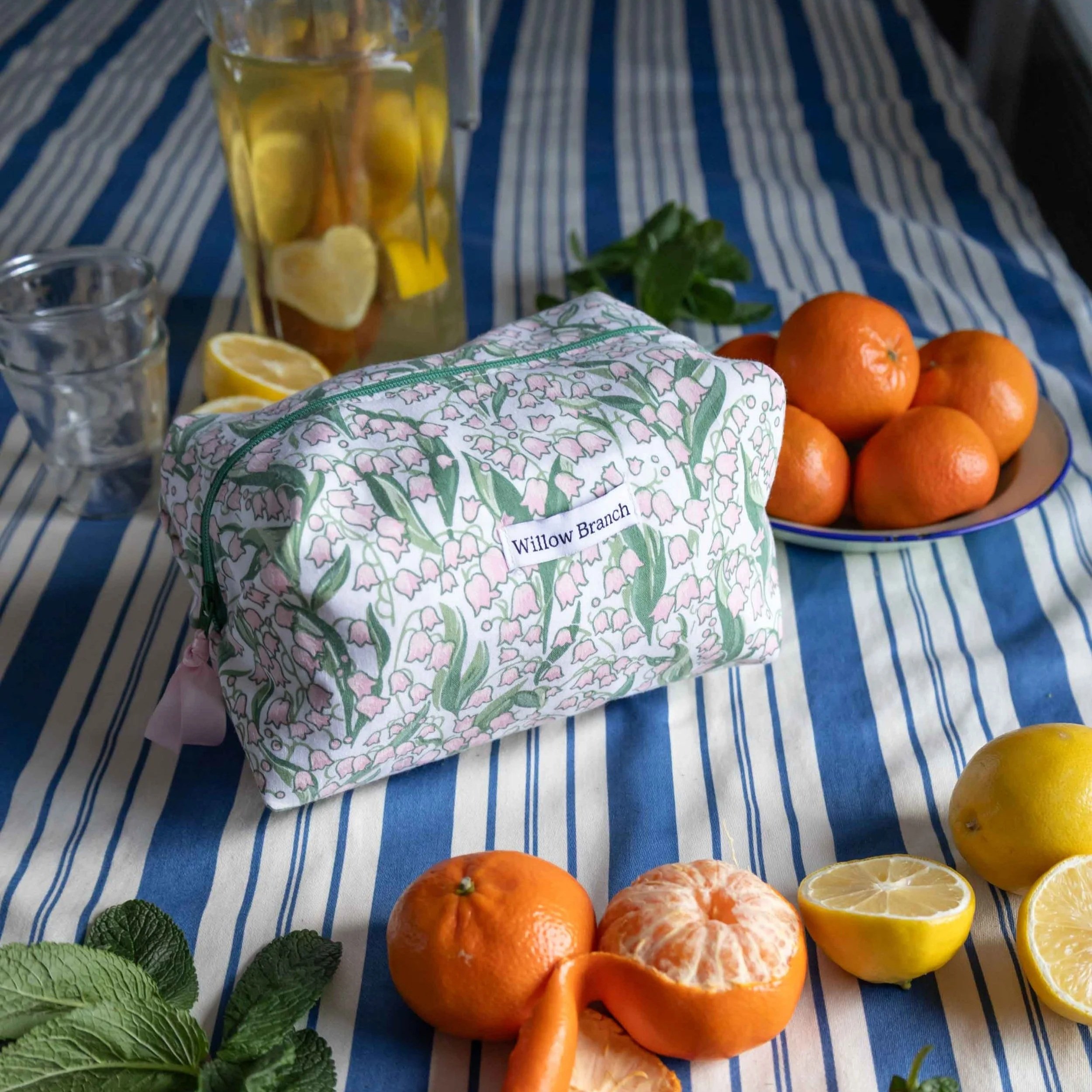 Pink Floral Boxy Makeup Bag with Green Zipper