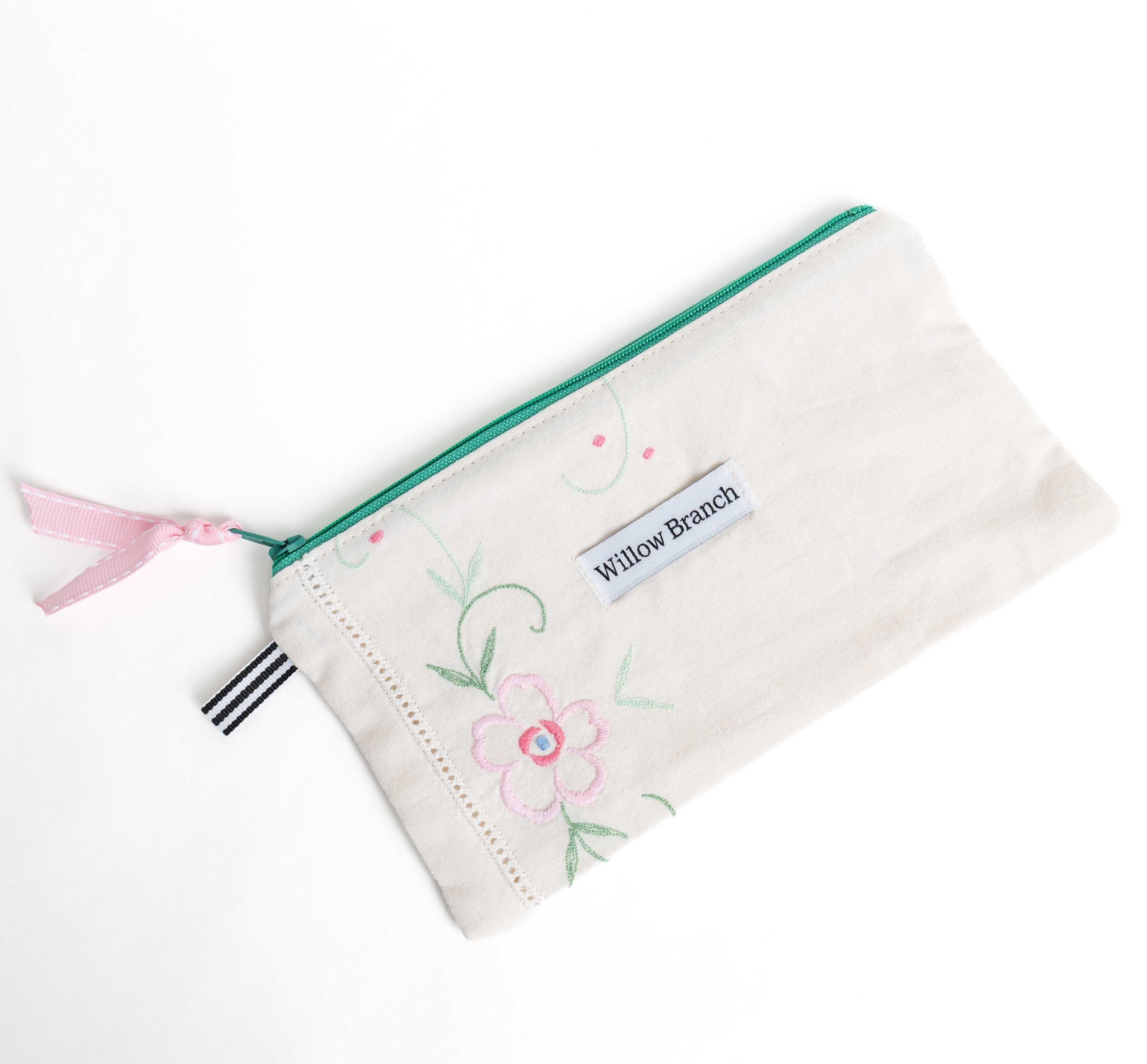 Embroidered Pink Flower Pencil Case with Teal Zipper