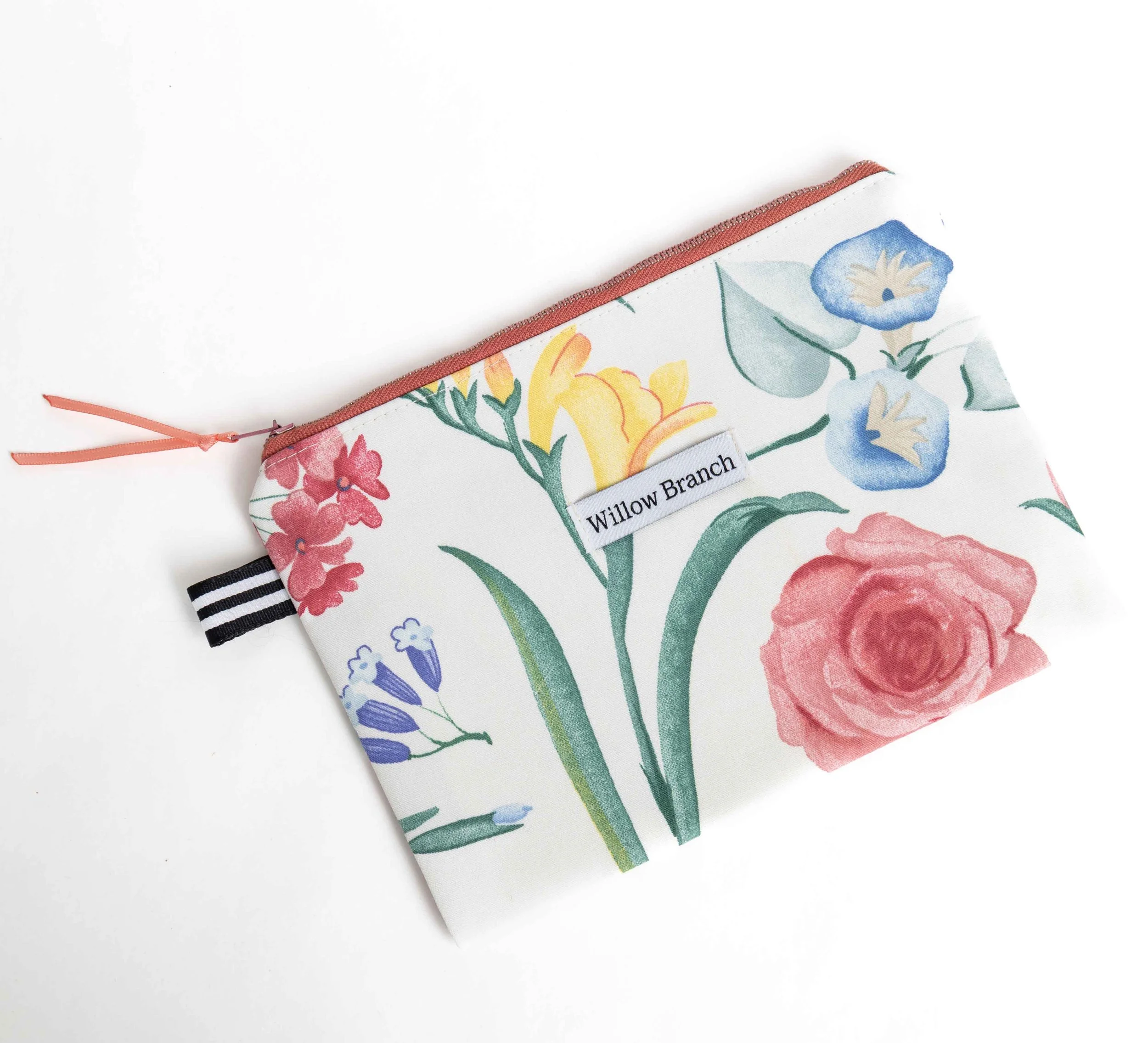 White Floral Flat Pouch Pink Zipper