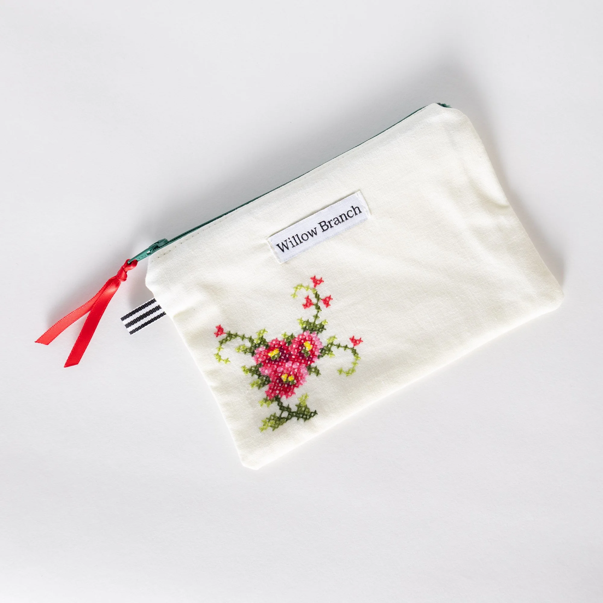 Cream with Three Pink Rose Embroidery Flat Pouch With Green Zipper