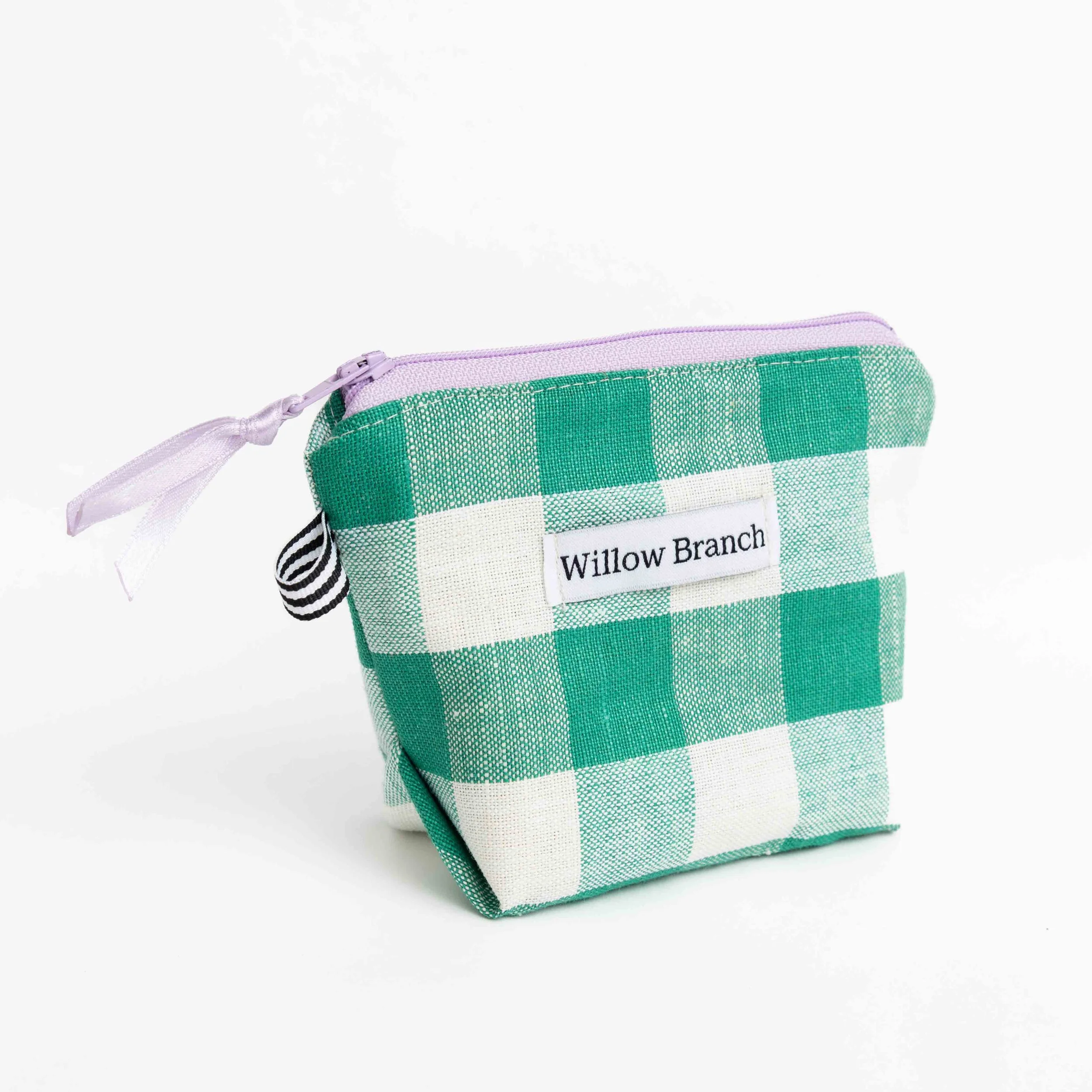 Green Gingham Triangle Makeup Bag With Purple Zipper