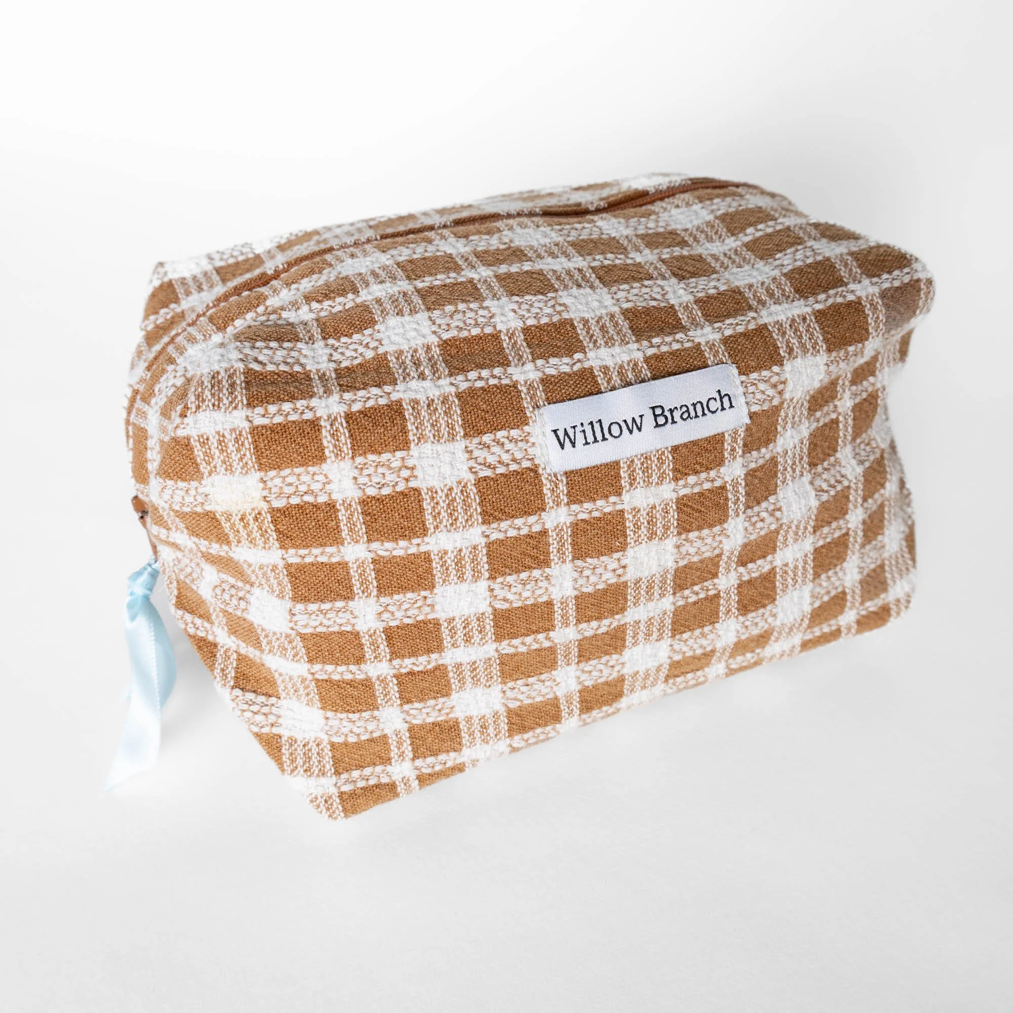 Brown and White Plaid Boxy Bag With Tonal Brown zipper