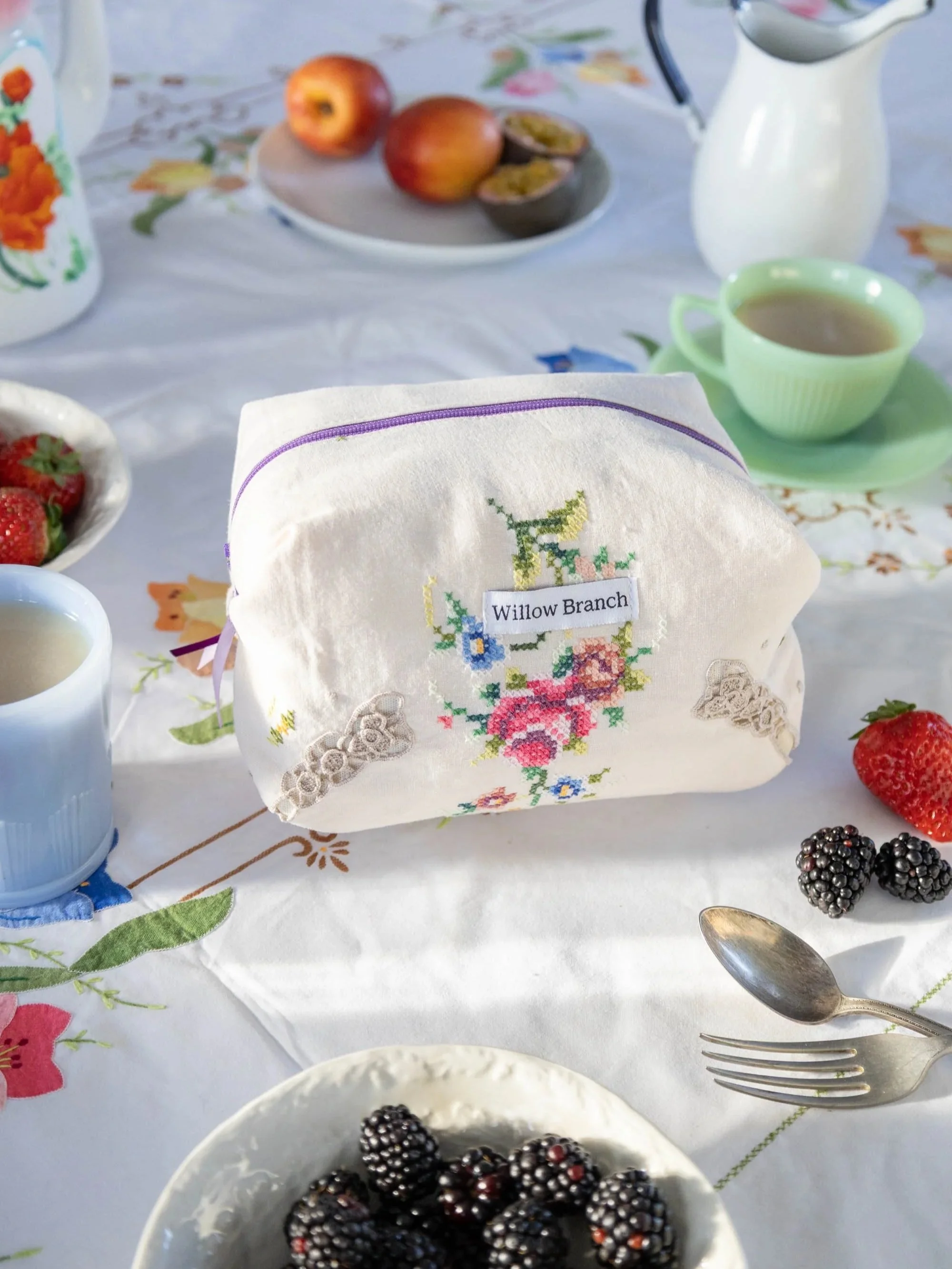 Purple Embroidered Table Runner Boxy Makeup Bag